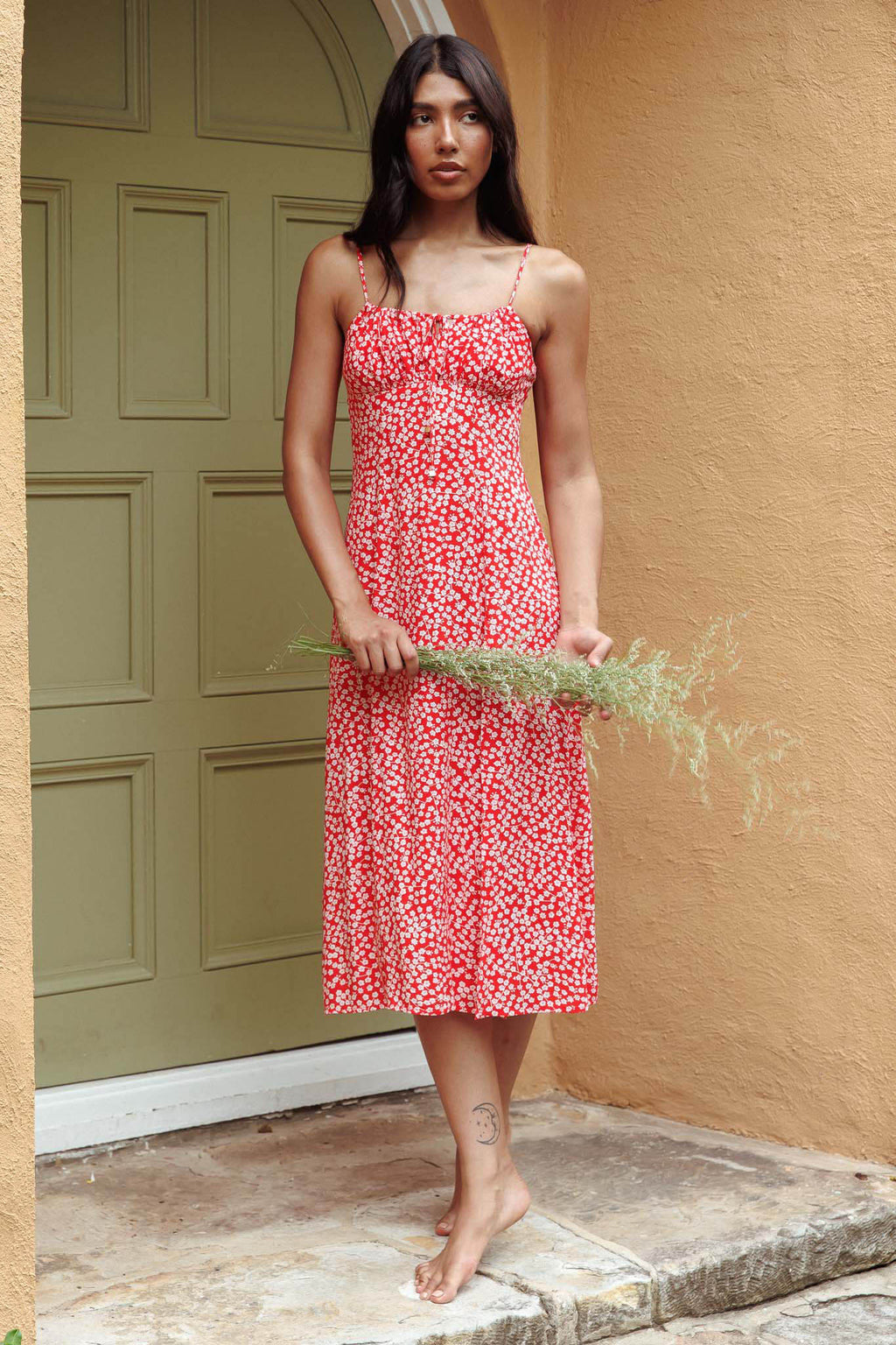 Haydin Tied Bust Split Midi Dress Floral Red by Selfie Leslie