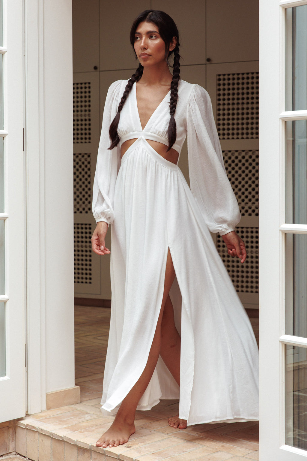 Jessalynn Cut-Out Long Sleeve Maxi Dress White by Selfie Leslie