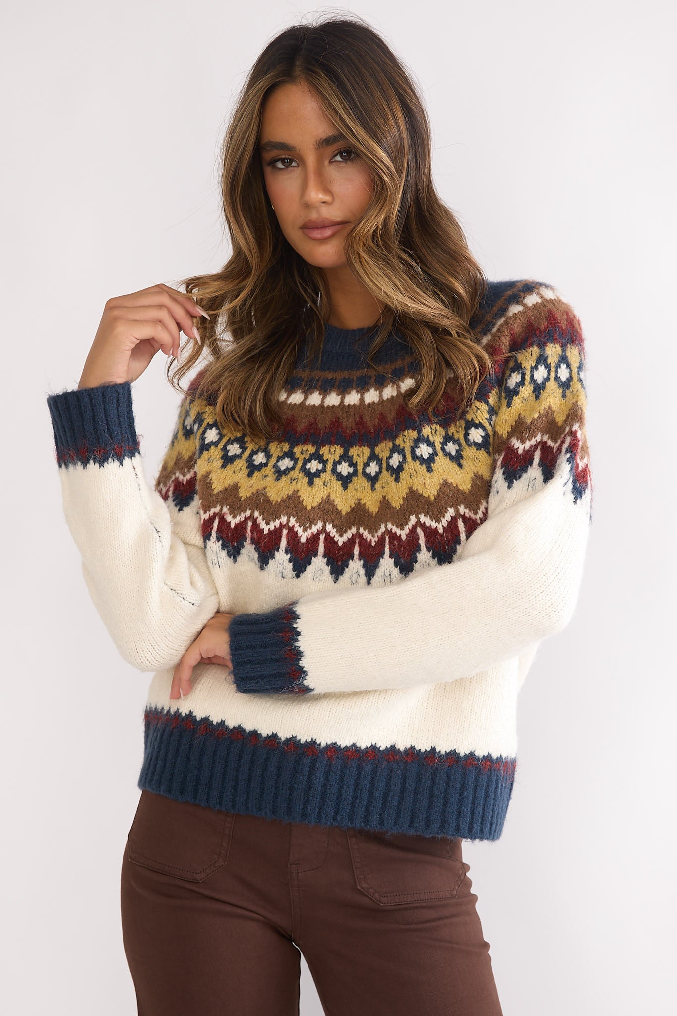 Irelia Long Sleeve Knit Top Ivory Multi by Selfie Leslie