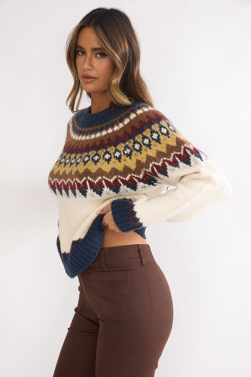 Irelia Long Sleeve Knit Top Ivory Multi by Selfie Leslie