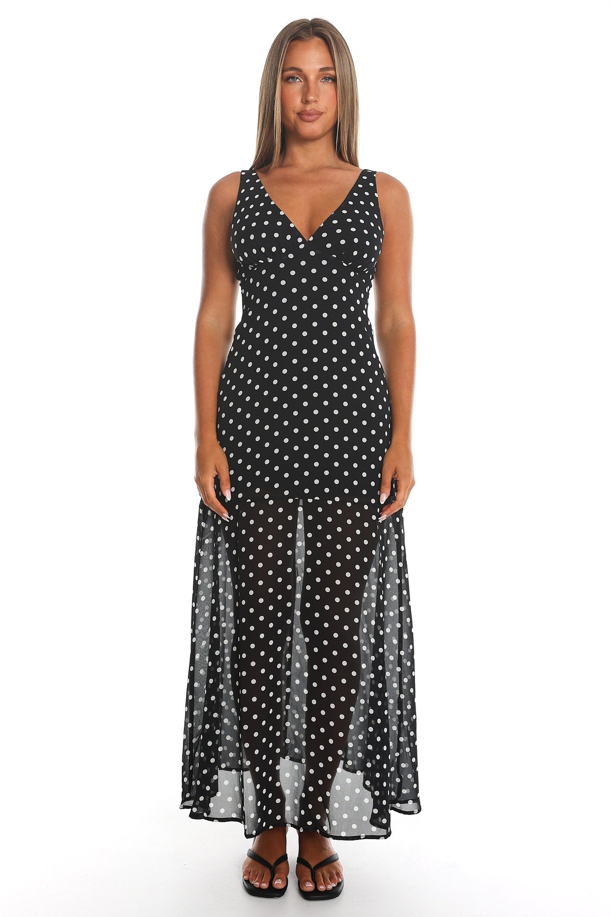 Rosewood V-Neckline Maxi Dress Polka Dot Black by Selfie Leslie