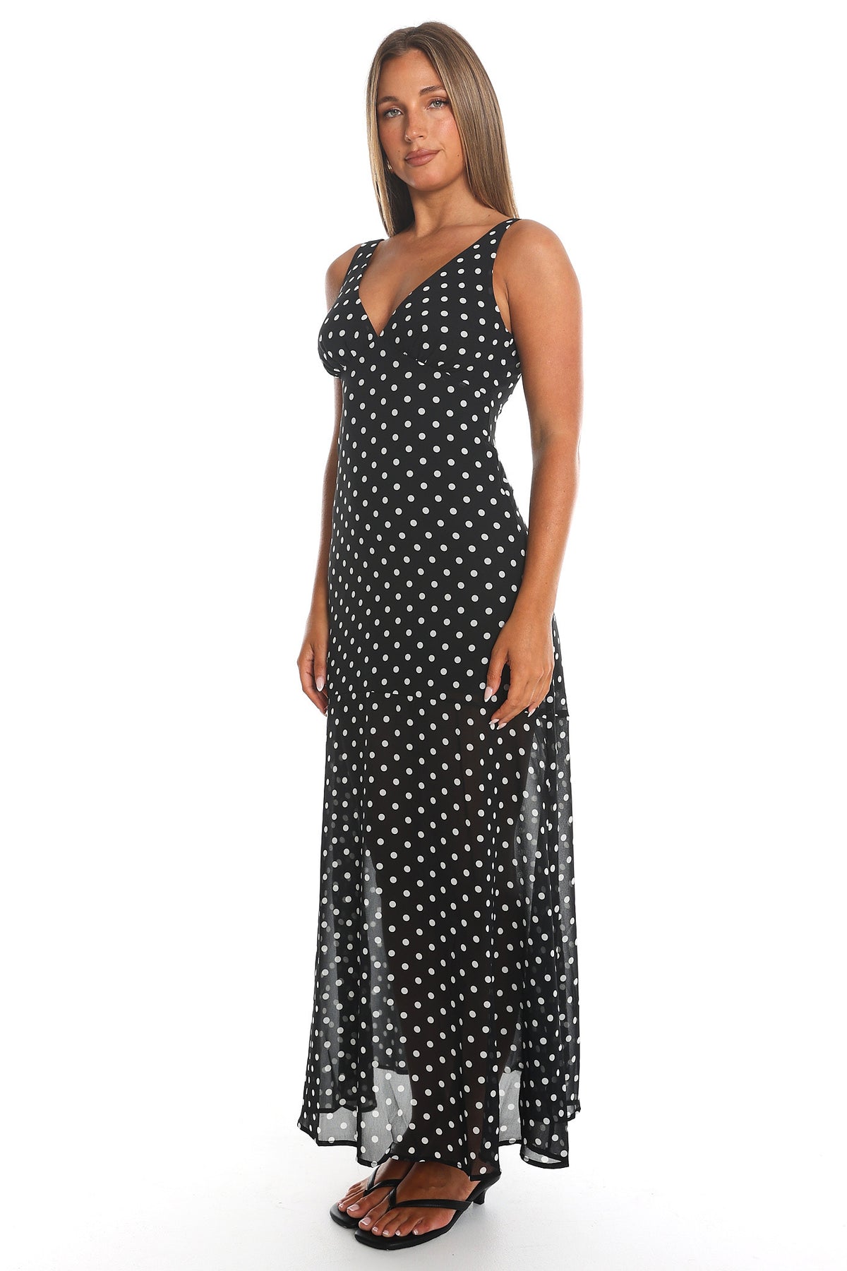 Rosewood V-Neckline Maxi Dress Polka Dot Black by Selfie Leslie