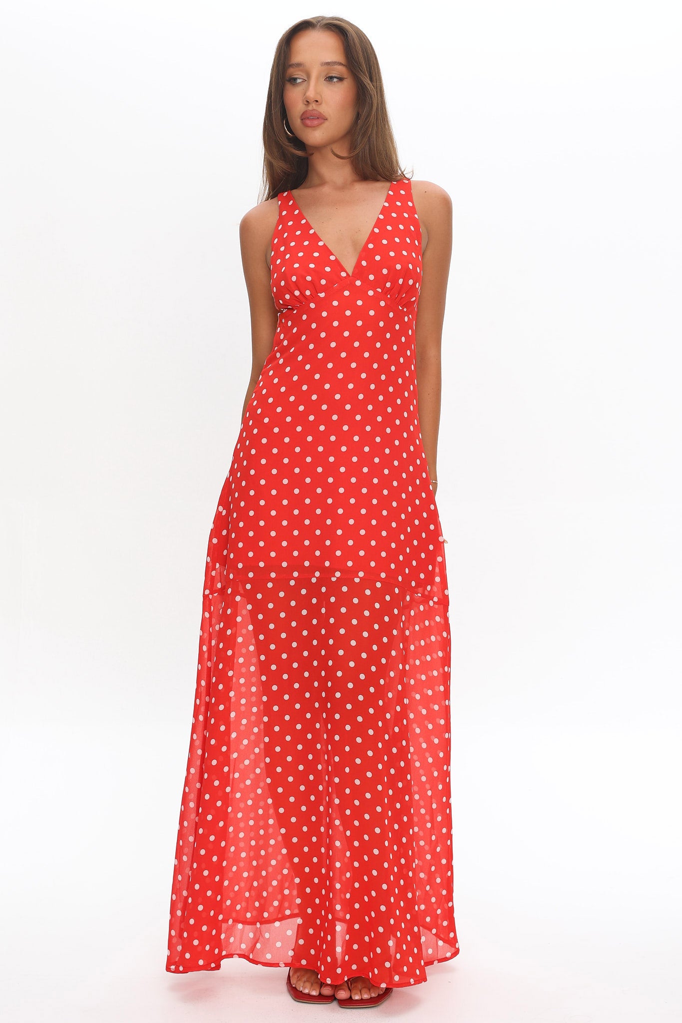 Rosewood V-Neckline Maxi Dress Polka Dot Red by Selfie Leslie