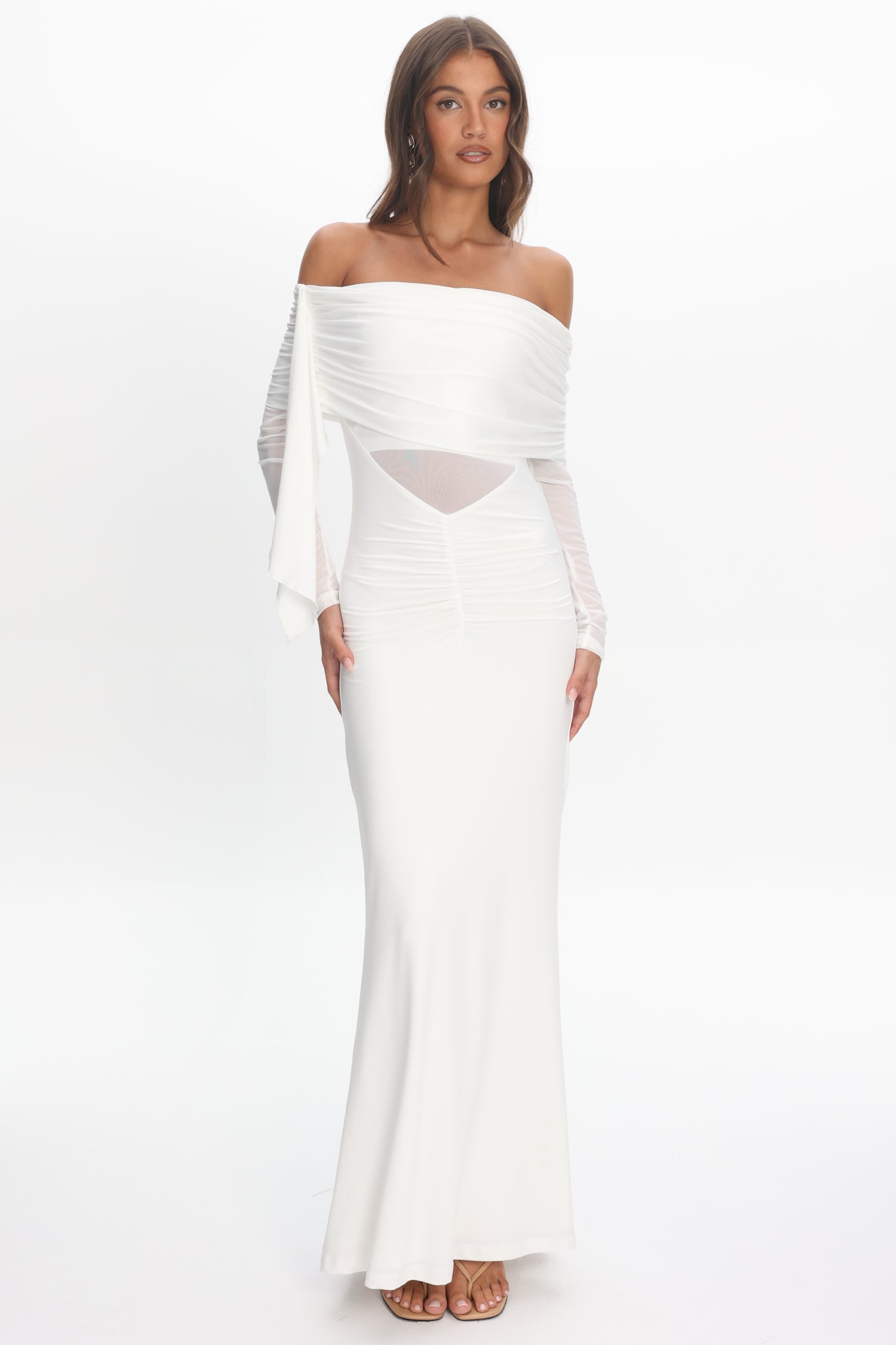 Marlowe Off-Shoulder Sheer Waist Maxi Dress Off White Selfie Leslie