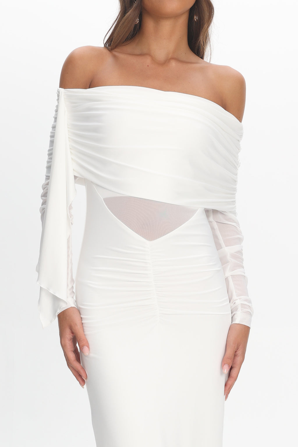 Marlowe Off-Shoulder Sheer Waist Maxi Dress Off White by Selfie Leslie