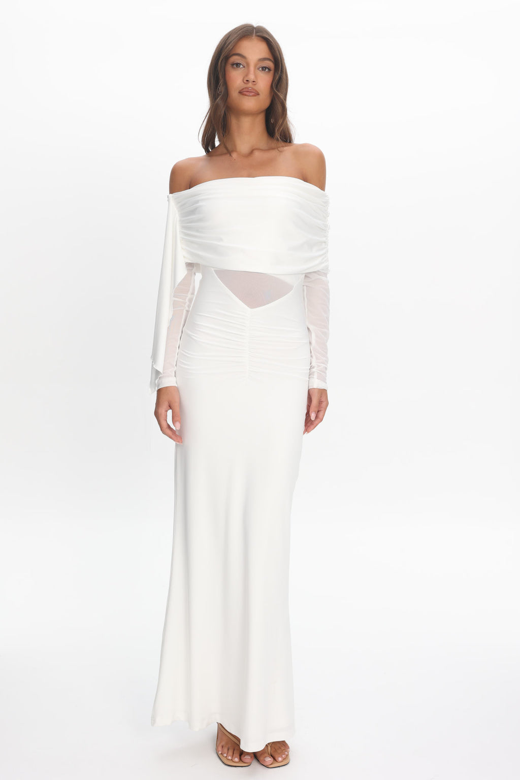 Marlowe Off-Shoulder Sheer Waist Maxi Dress Off White by Selfie Leslie