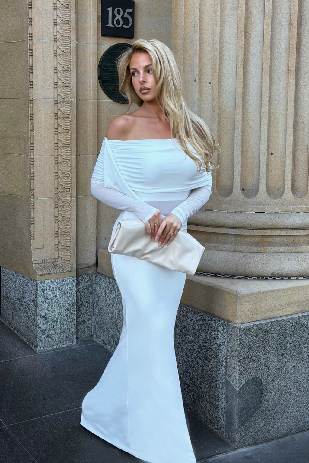 Marlowe Off-Shoulder Sheer Waist Maxi Dress Off White by Selfie Leslie