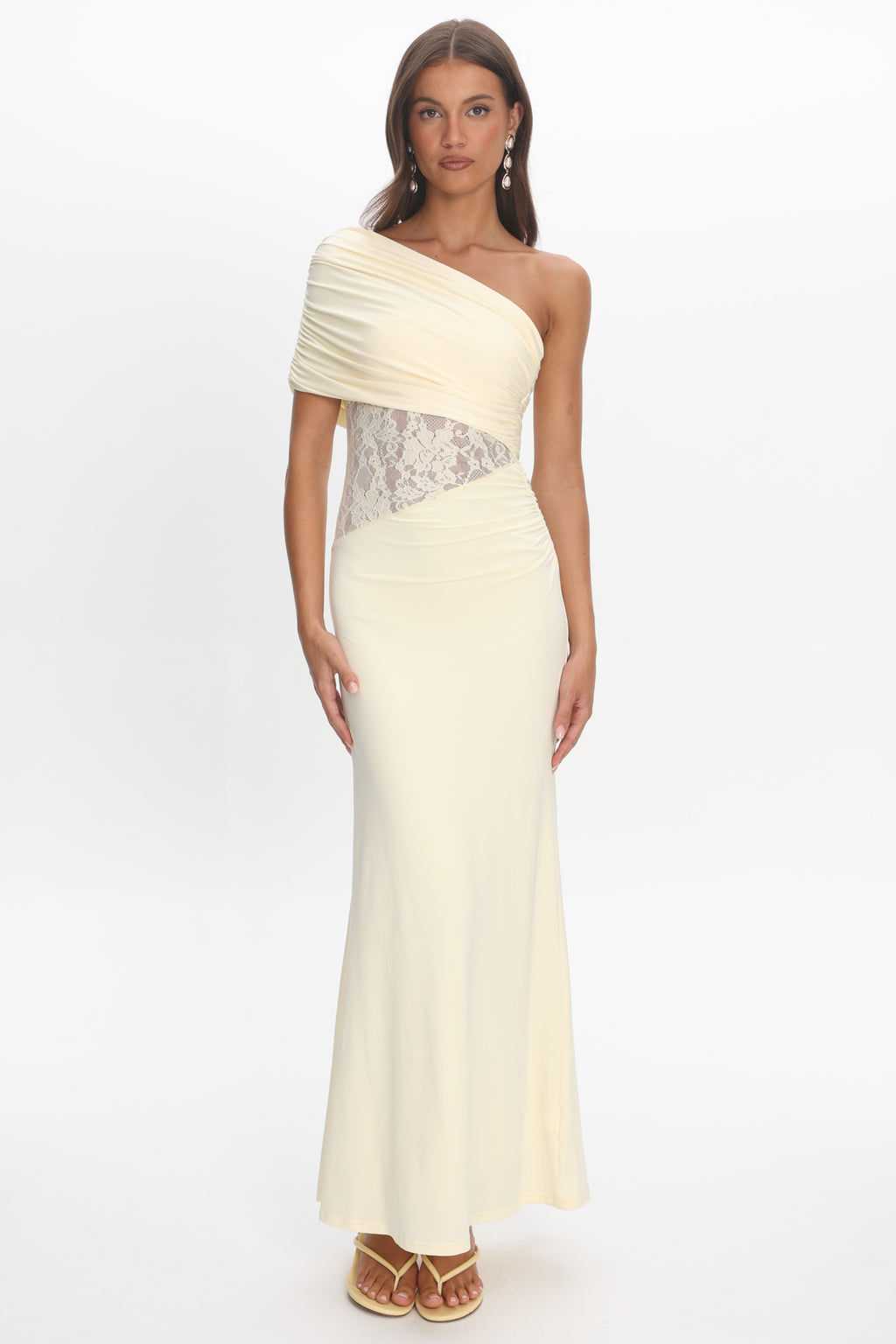 Mallorca Asymmetric Neckline Lace Maxi Dress Butter by Selfie Leslie