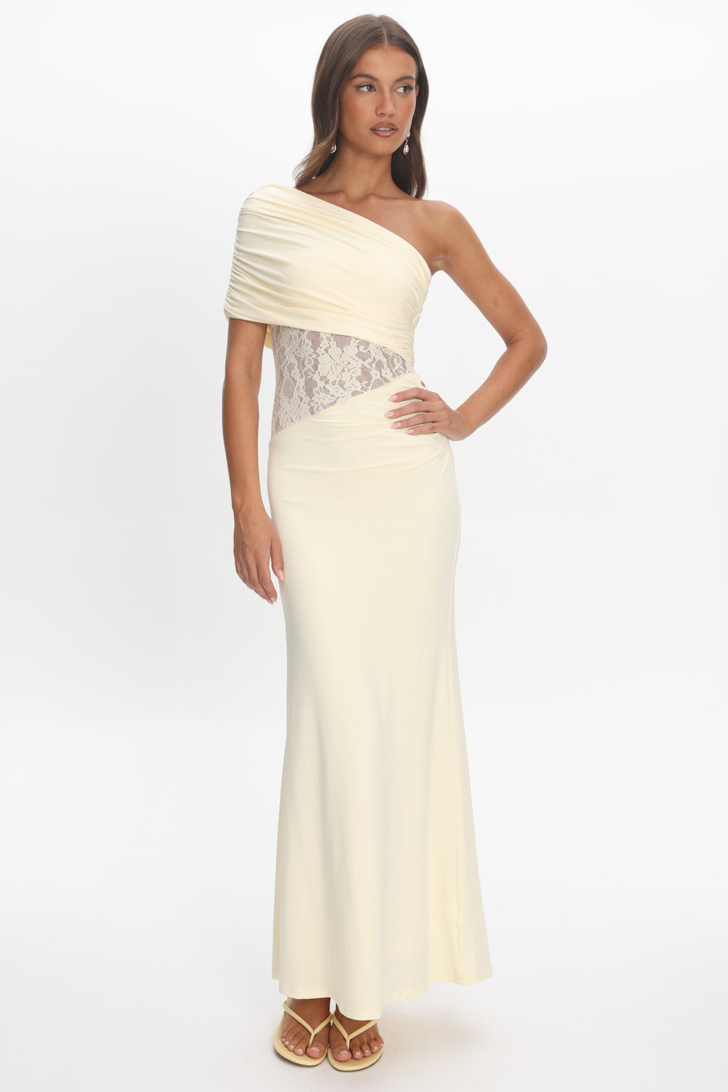 Mallorca Asymmetric Neckline Lace Maxi Dress Butter by Selfie Leslie