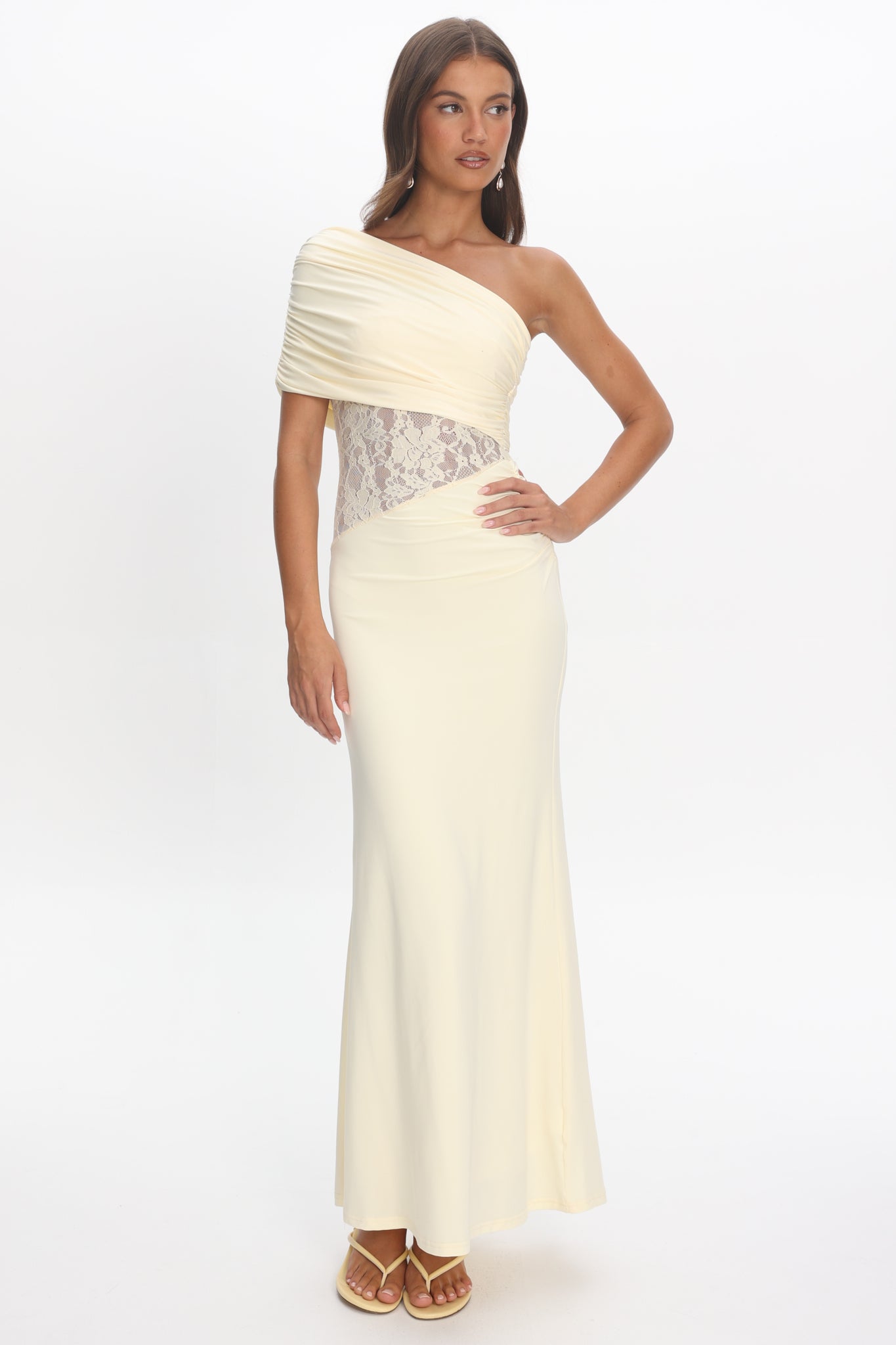 Mallorca Asymmetric Neckline Lace Maxi Dress Butter Selfie Leslie