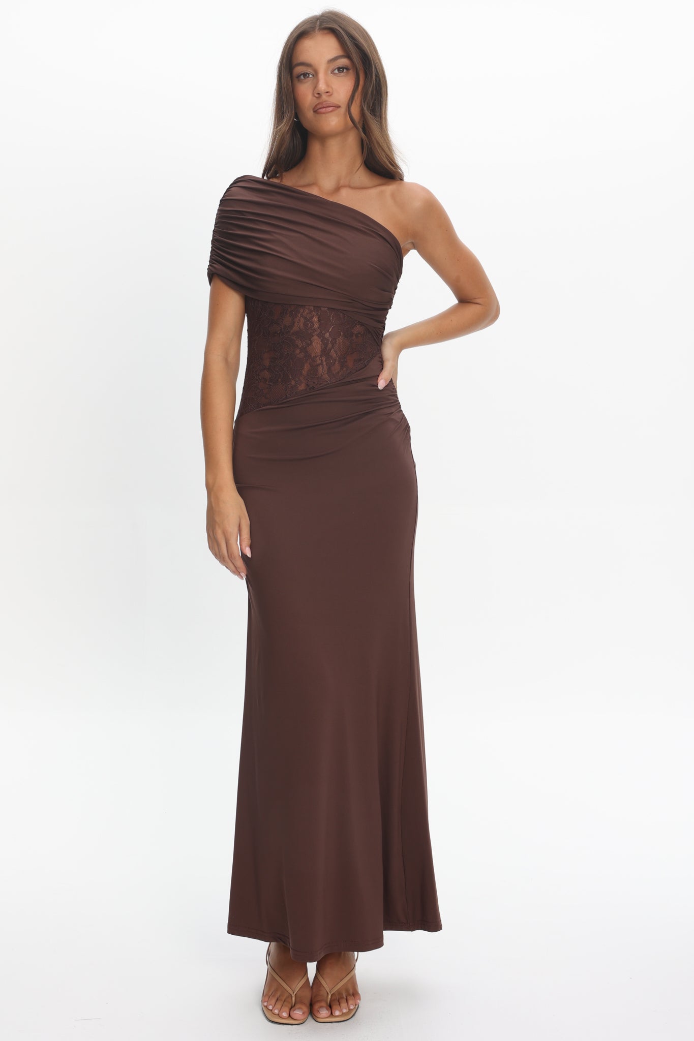 Mallorca Asymmetric Neckline Lace Maxi Dress Chocolate Selfie Leslie Mallorca Asymmetric Neckline Lace Maxi Dress Chocolate Selfie Leslie