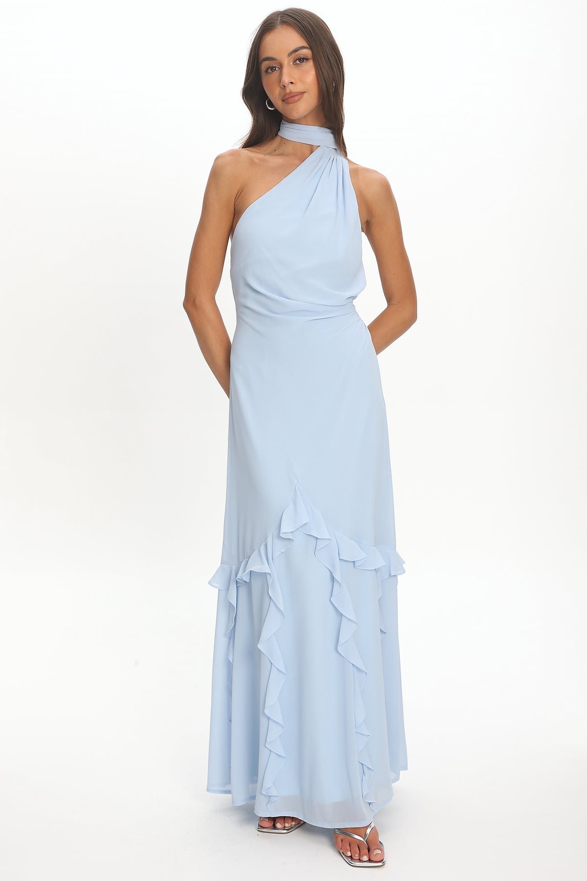 one shoulder dress with ruffle Lorielle One-Shoulder Trim Maxi Blue Size:44 Reg Outfit Ideas Dress Code Style: 12063467 knowing that all eyes