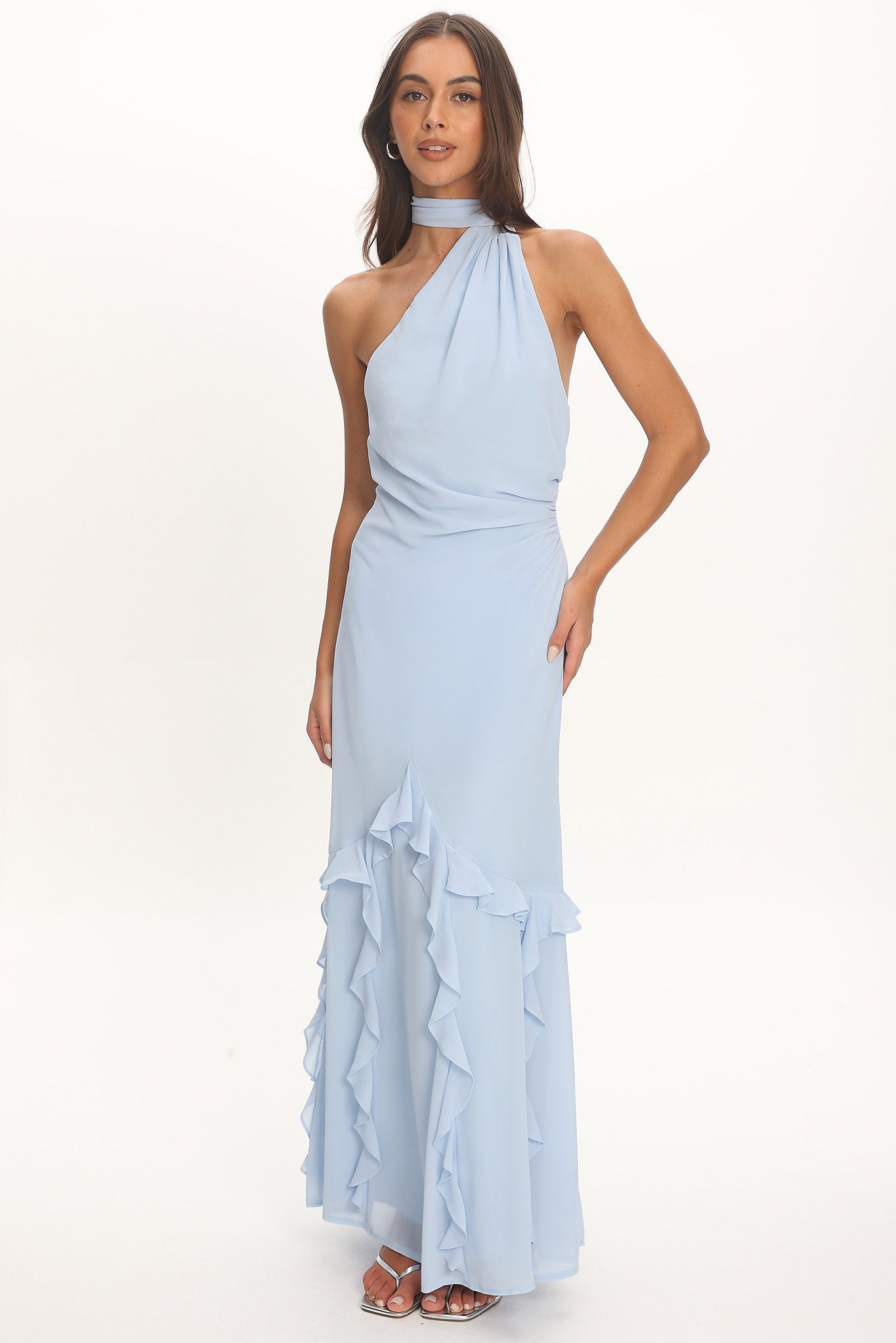 Lorielle One-Shoulder Ruffle Trim Maxi Dress Blue | Selfie Leslie Lorielle One-Shoulder Ruffle Trim Maxi Dress Blue | Selfie Leslie