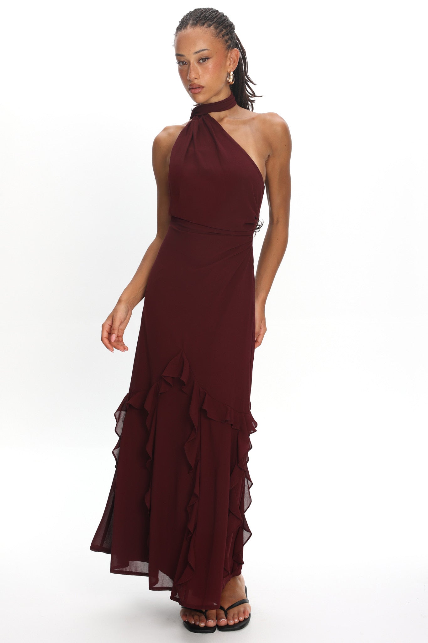 Lorielle One-Shoulder Ruffle Trim Maxi Dress Wine | Selfie Leslie