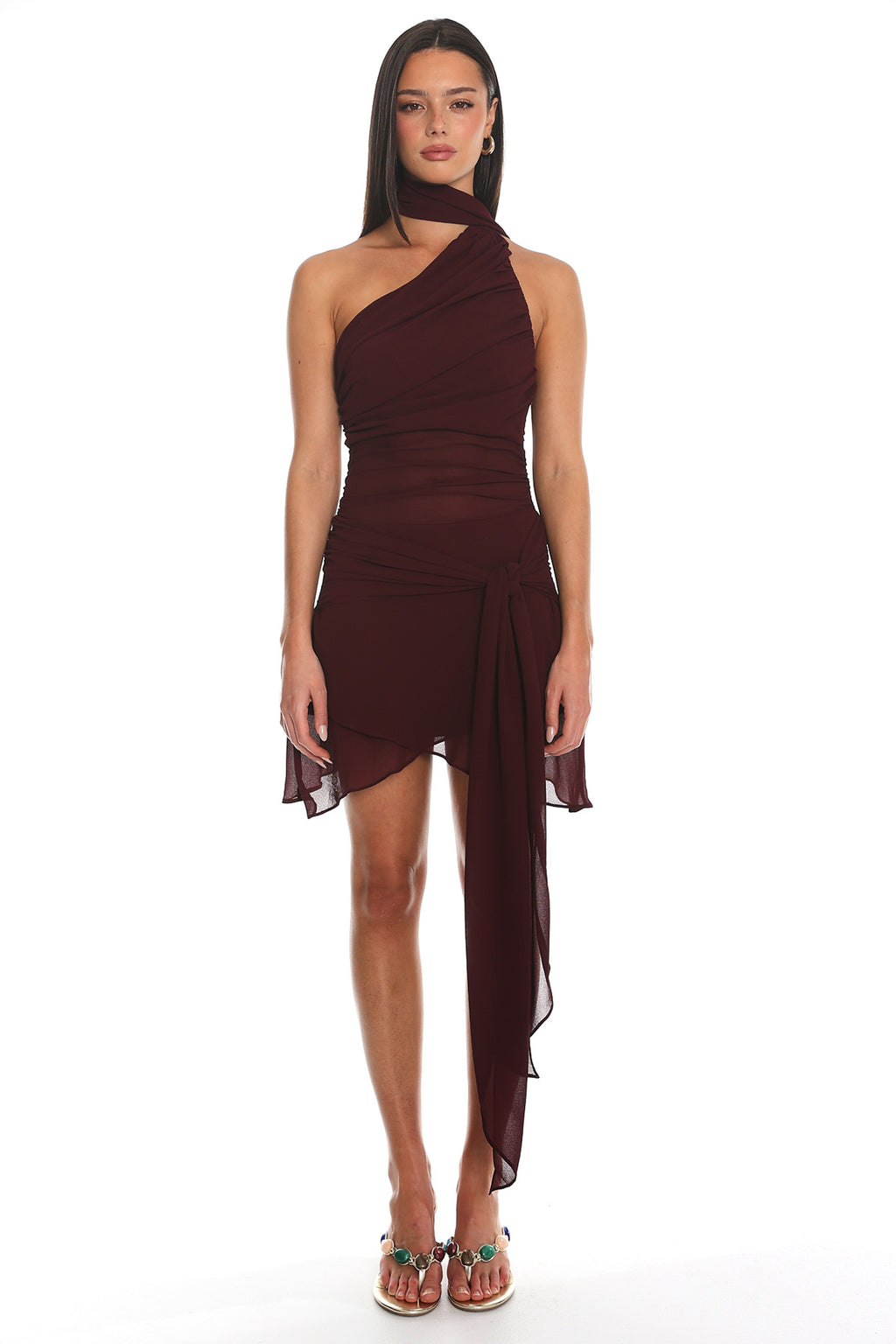Illusionist Asymmetric Wrap Mini Dress Wine