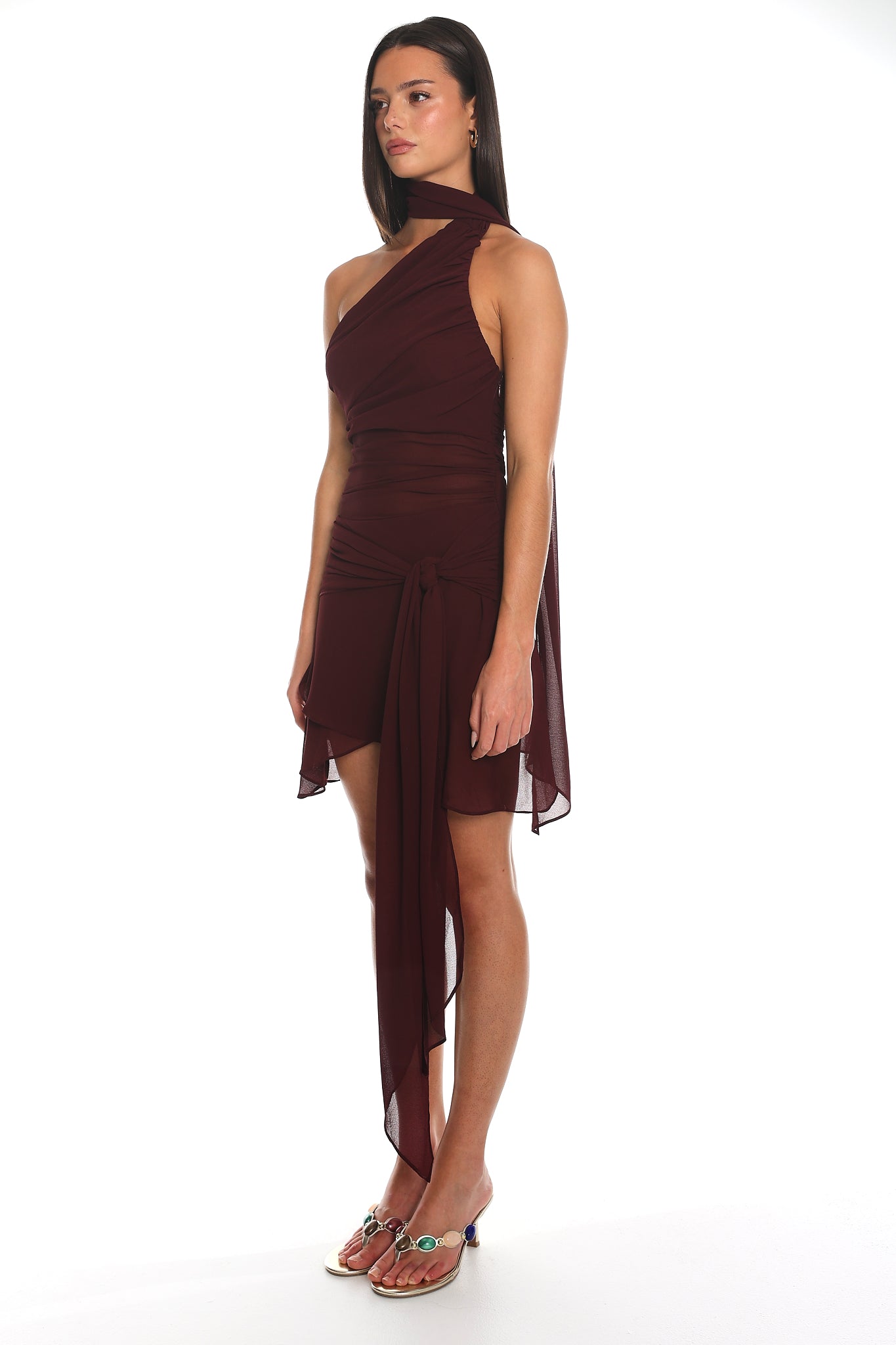 Illusionist Asymmetric Wrap Mini Dress Wine
