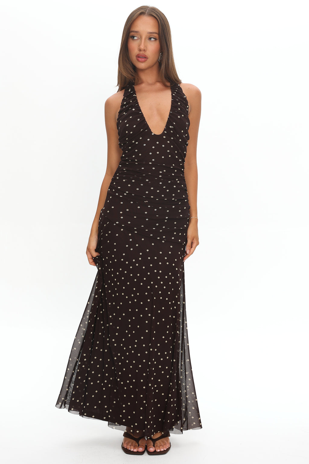 She's The Moment Plunging Halter Maxi Dress Polka Dot Brown - XL She's The Moment Plunging Halter Maxi Dress Polka Dot Brown - XL