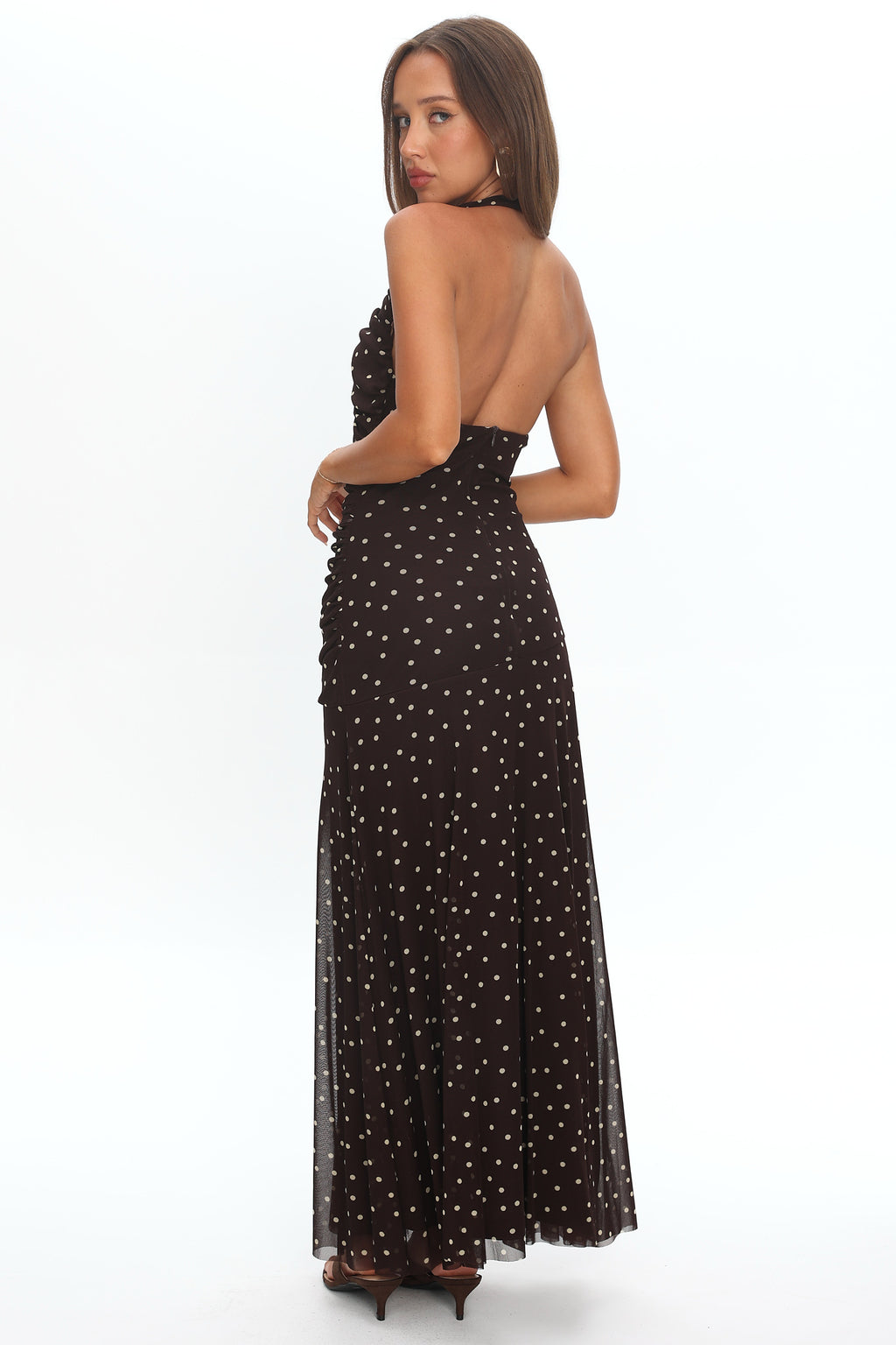 She's The Moment Plunging Halter Maxi Dress Polka Dot Brown