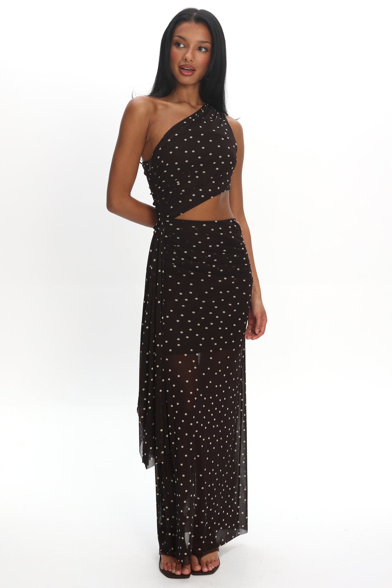 Viela One-Shoulder Cut-Out Maxi Dress Polka Dot Brown | Selfie Leslie