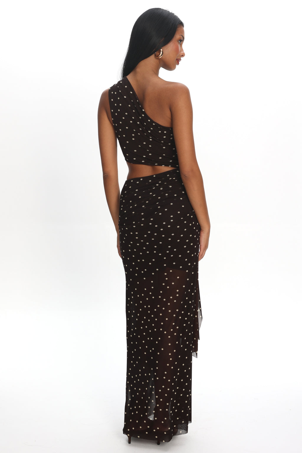 Viela One-Shoulder Cut-Out Maxi Dress Polka Dot Brown