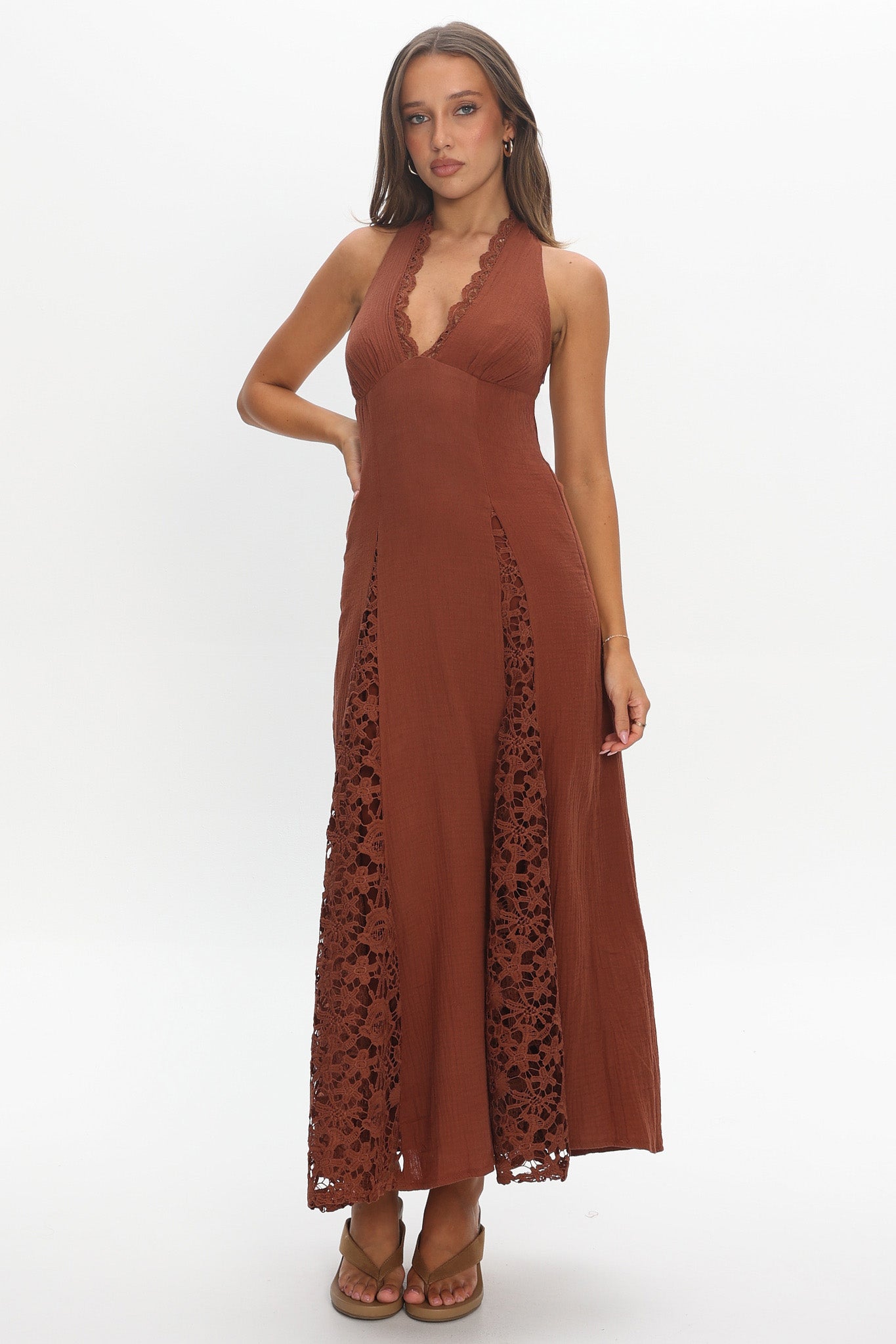 Claudette Halterneck Lace Trim Maxi Dress Chocolate | Selfie Leslie