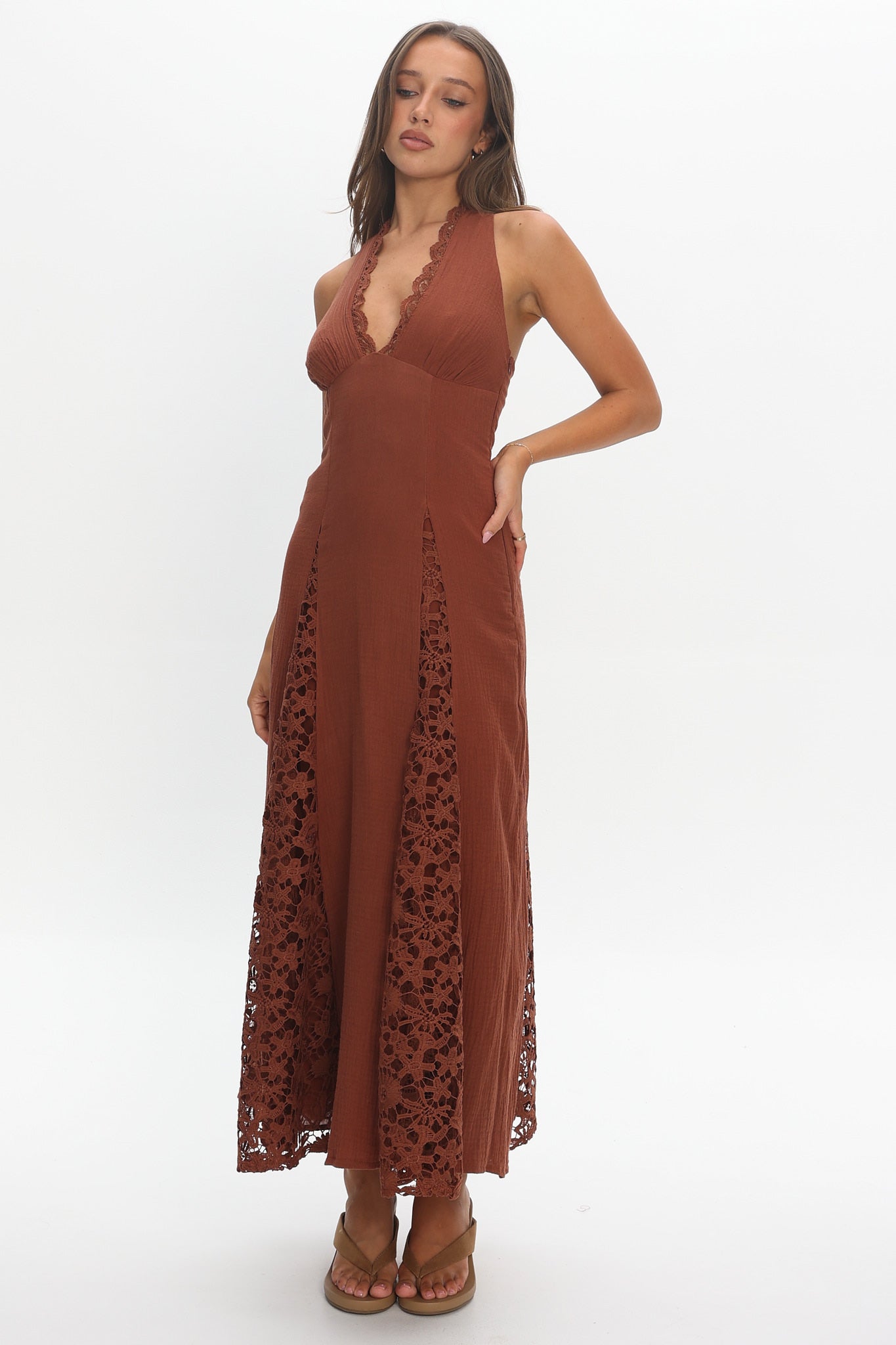 Claudette Halterneck Lace Trim Maxi Dress Chocolate | Selfie Leslie