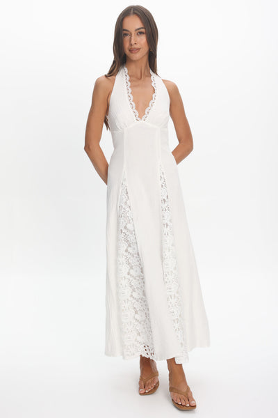Claudette Halterneck Lace Trim Maxi Dress White | Selfie Leslie