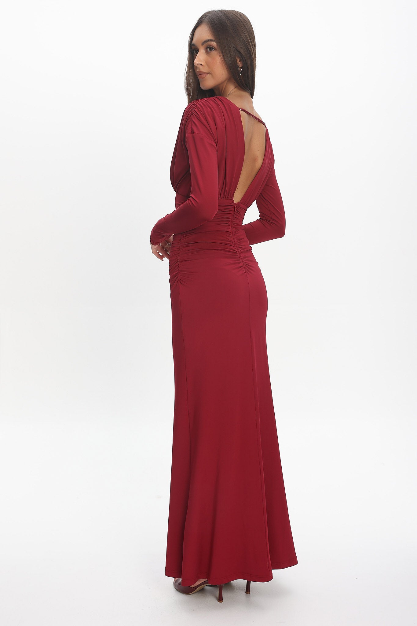 Gilded Long Sleeve Ruched Maxi Dress Wine | Selfie Leslie