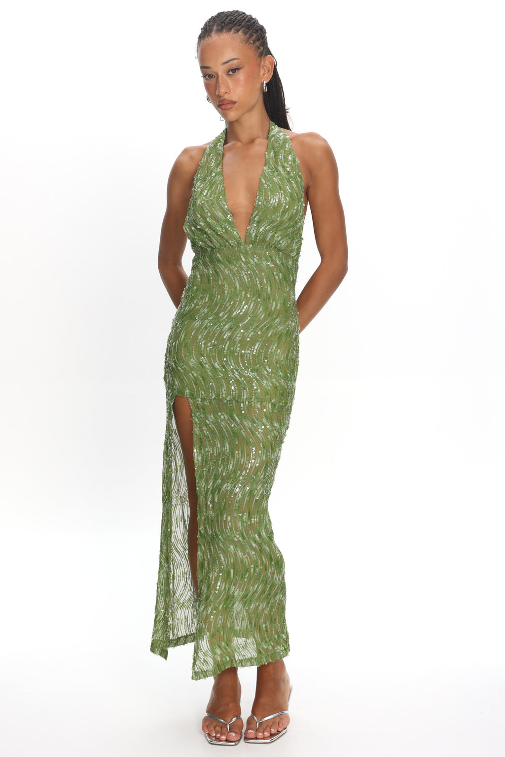Sharisa High Slit Halter Maxi Dress Green