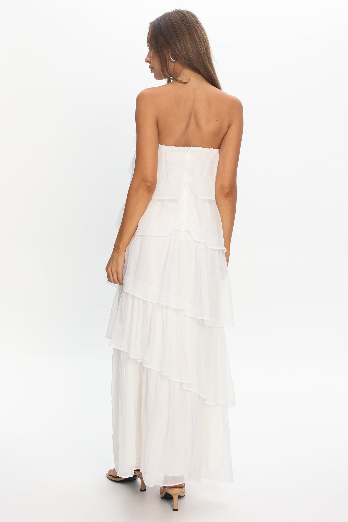pliss ruffle-trim maxi dress in ivory Annelise Ruffle Maxi Dress Ivory Beach City