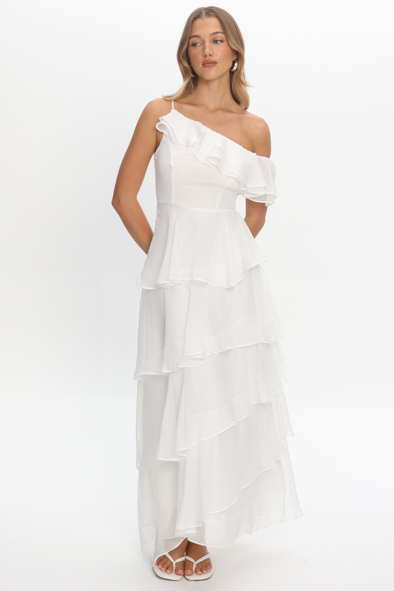 Elizaveta One-Shoulder Tiered Maxi Dress Ivory | Selfie Leslie