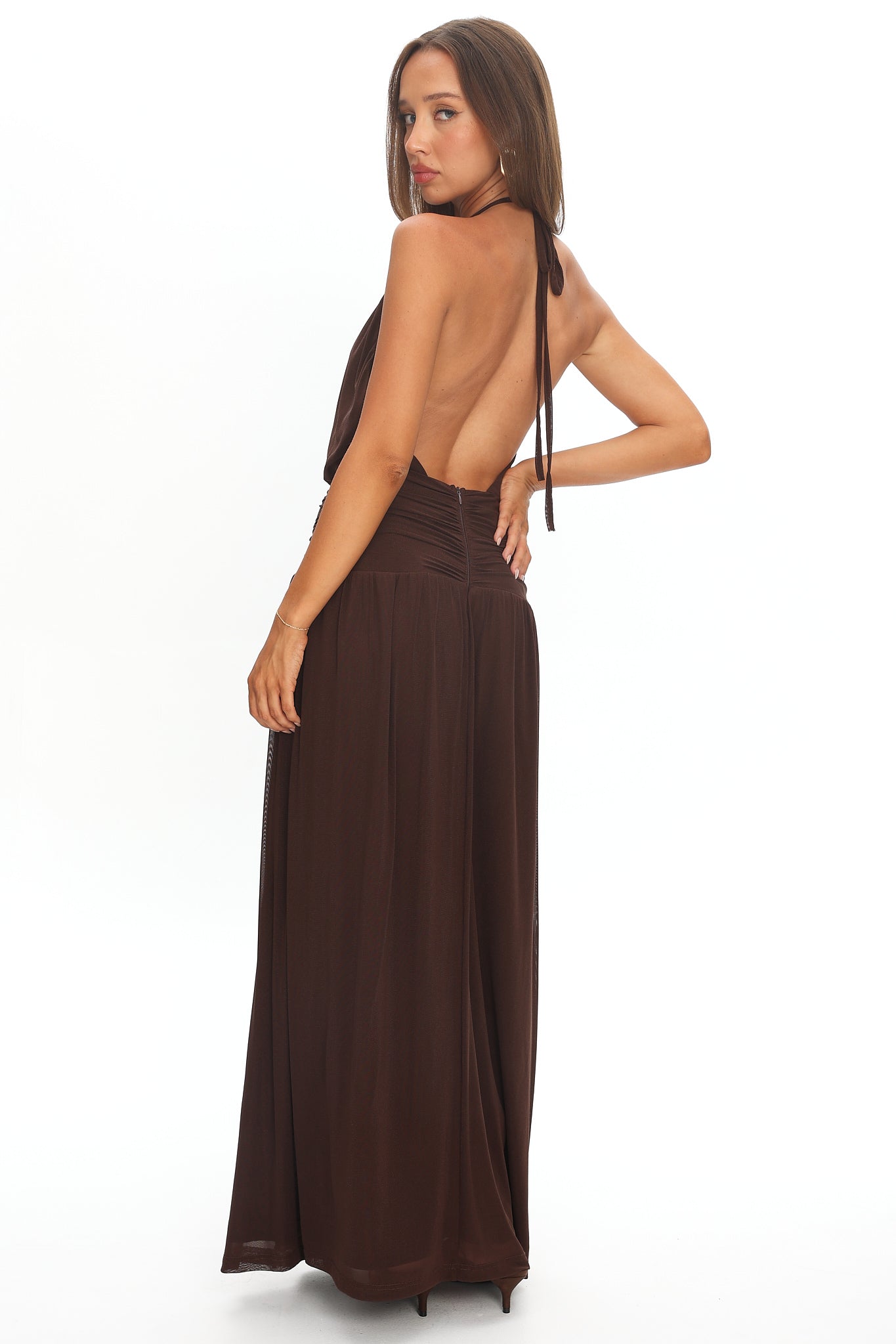 Entangled Backless Halter Maxi Dress Chocolate by Selfie Leslie