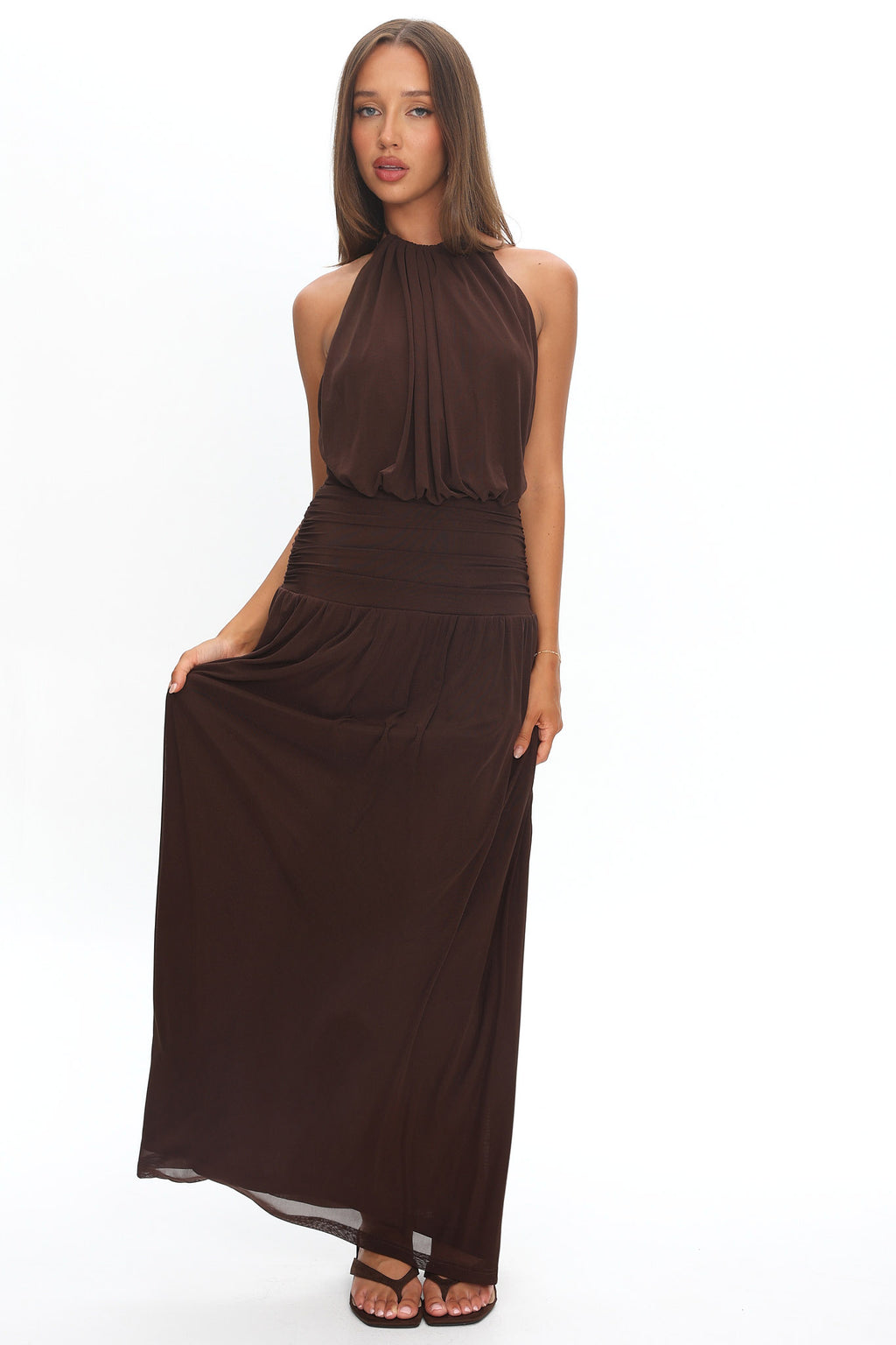 Entangled Backless Halter Maxi Dress Chocolate by Selfie Leslie