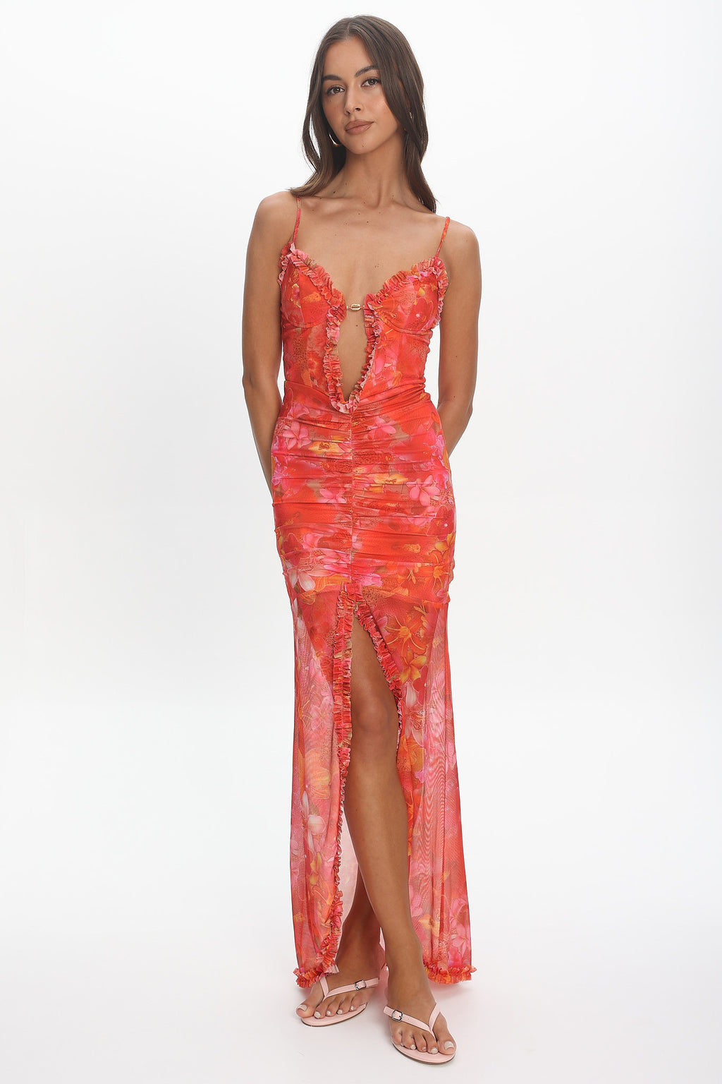 Audette Frill Trim Plunging Maxi Dress Floral Coral