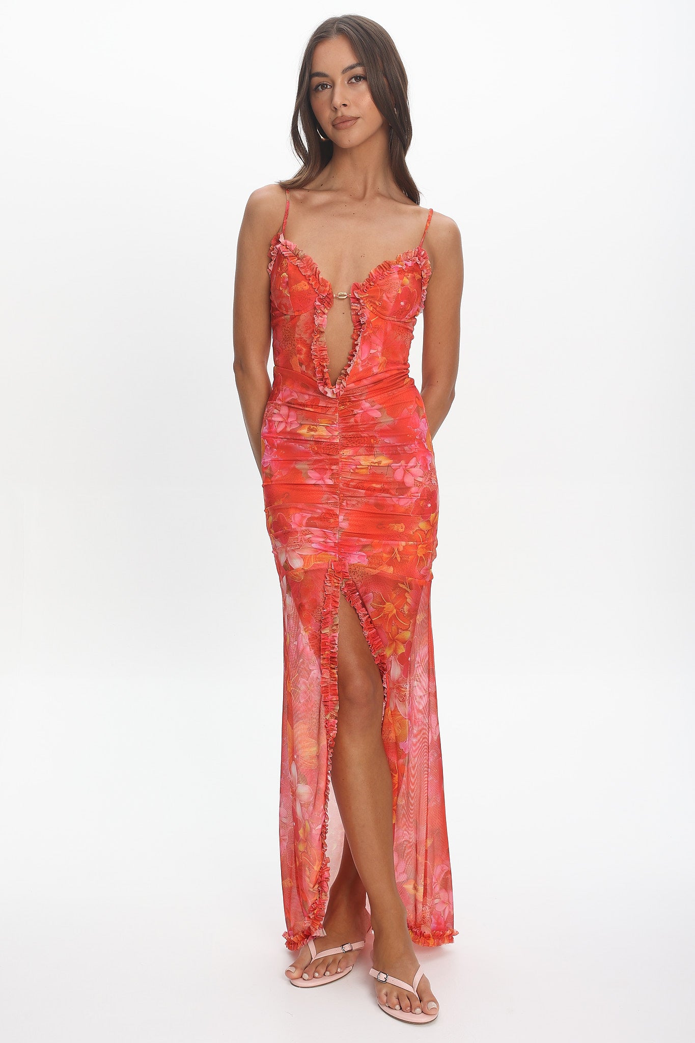 Audette Frill Trim Plunging Maxi Dress Floral Coral