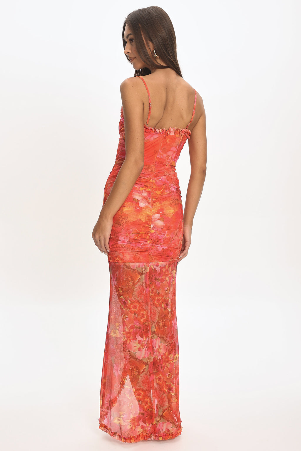 Audette Frill Trim Plunging Maxi Dress Floral Coral