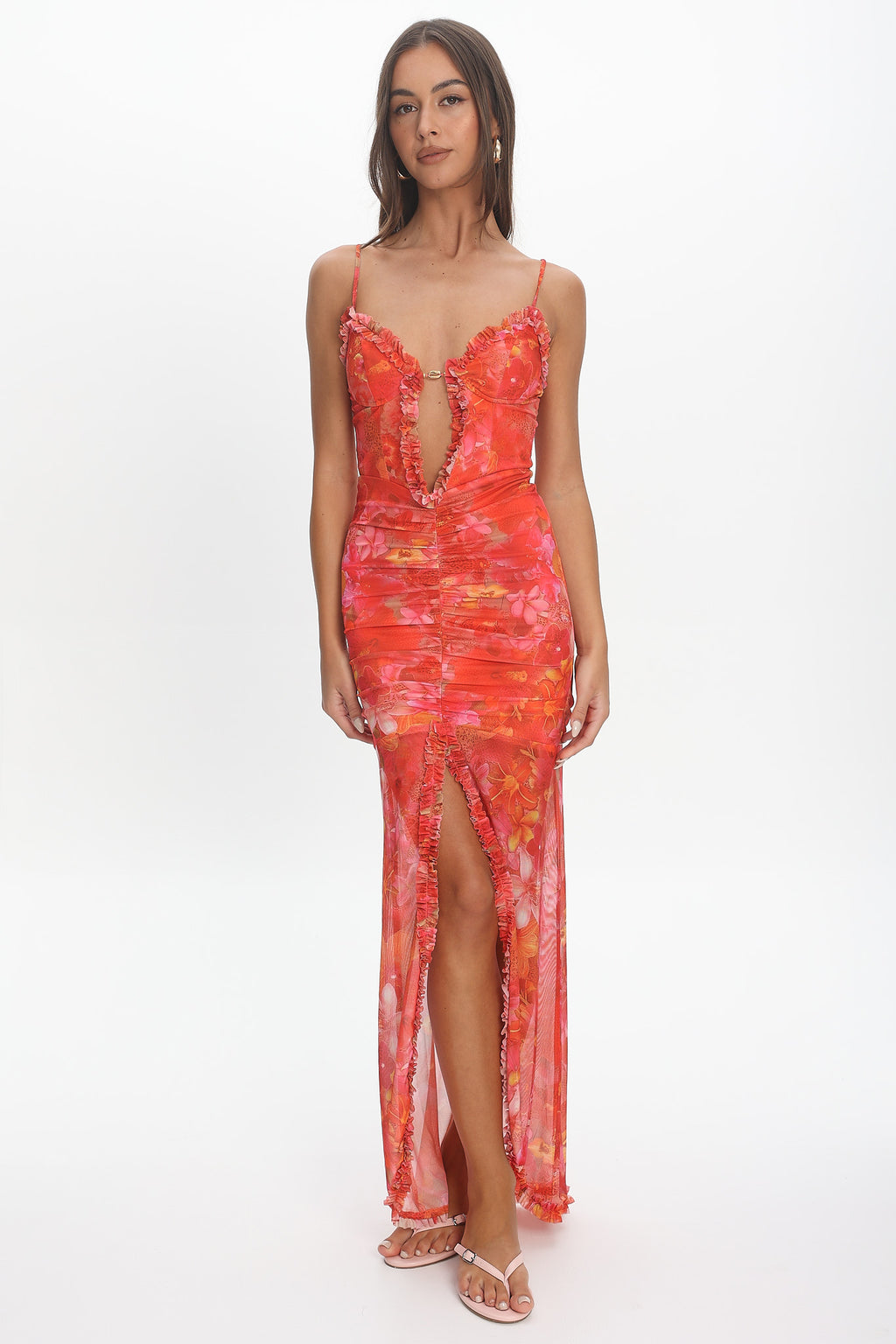 Audette Frill Trim Plunging Maxi Dress Floral Coral