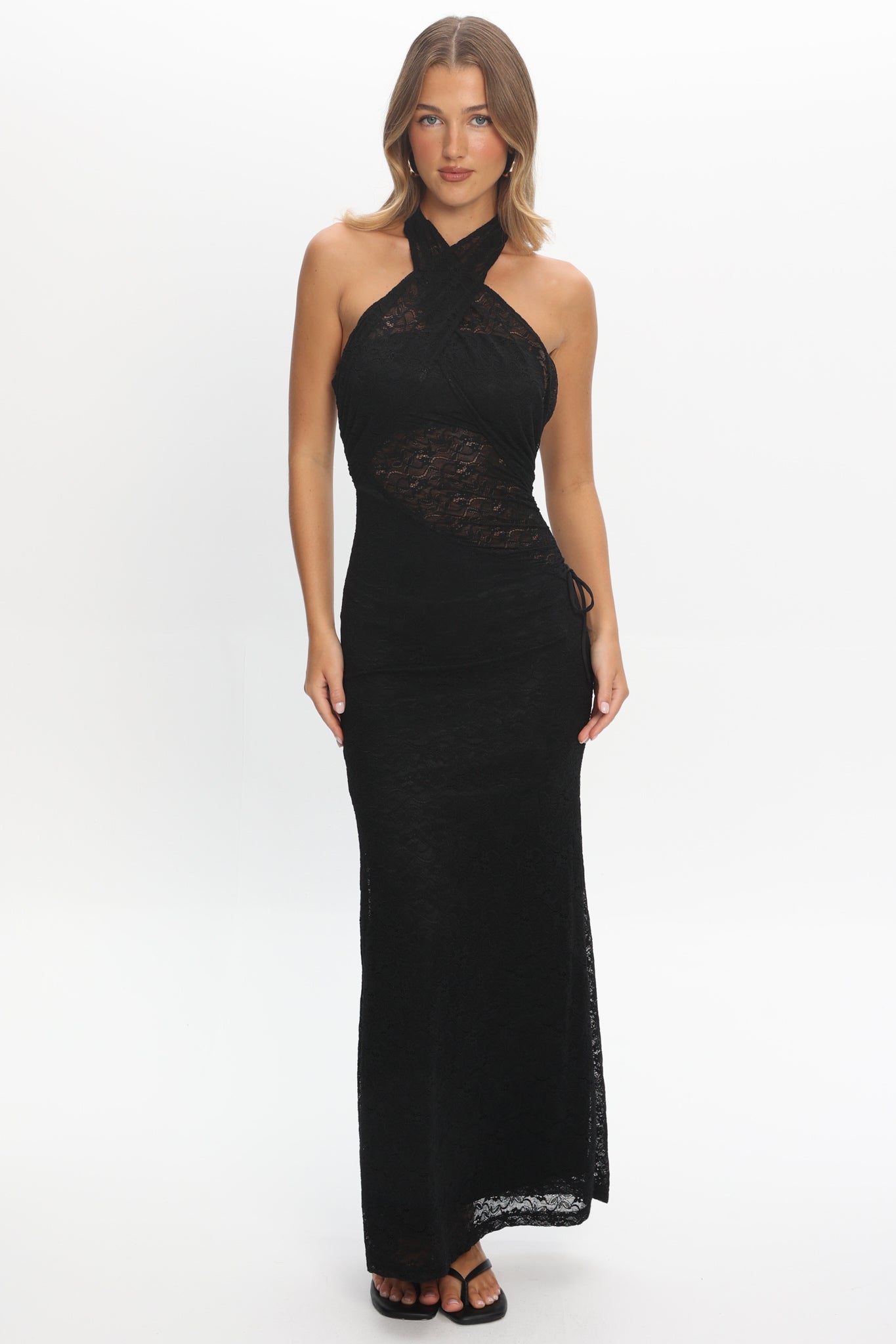 Karmella Cross-Front Lace Halter Maxi Dress Black