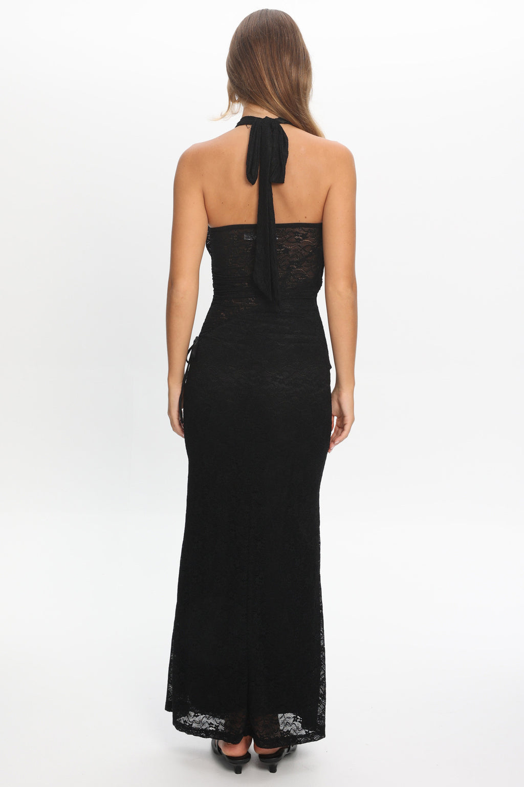 Karmella Cross-Front Lace Halter Maxi Dress Black