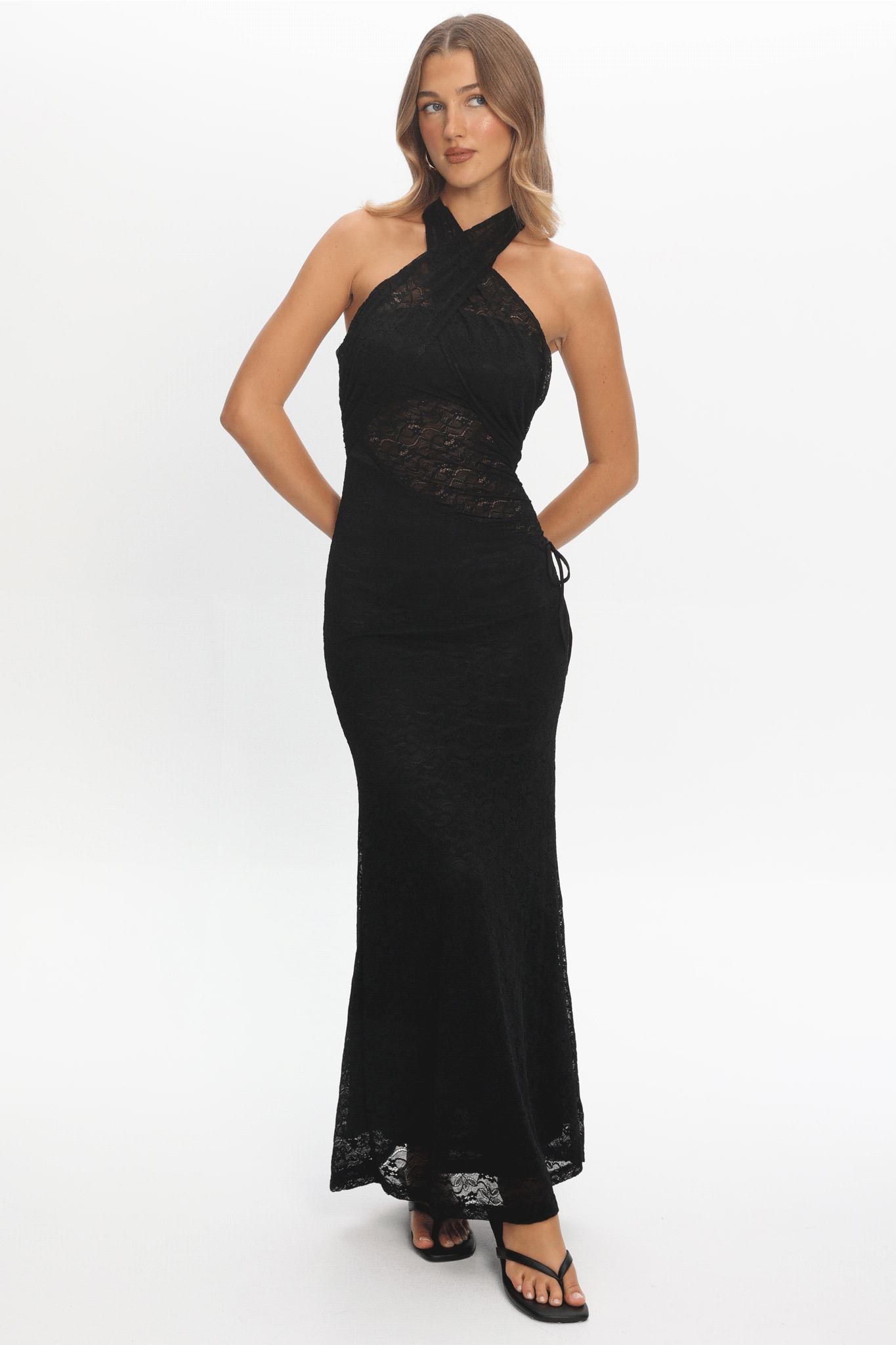 Karmella Cross-Front Lace Halter Maxi Dress Black