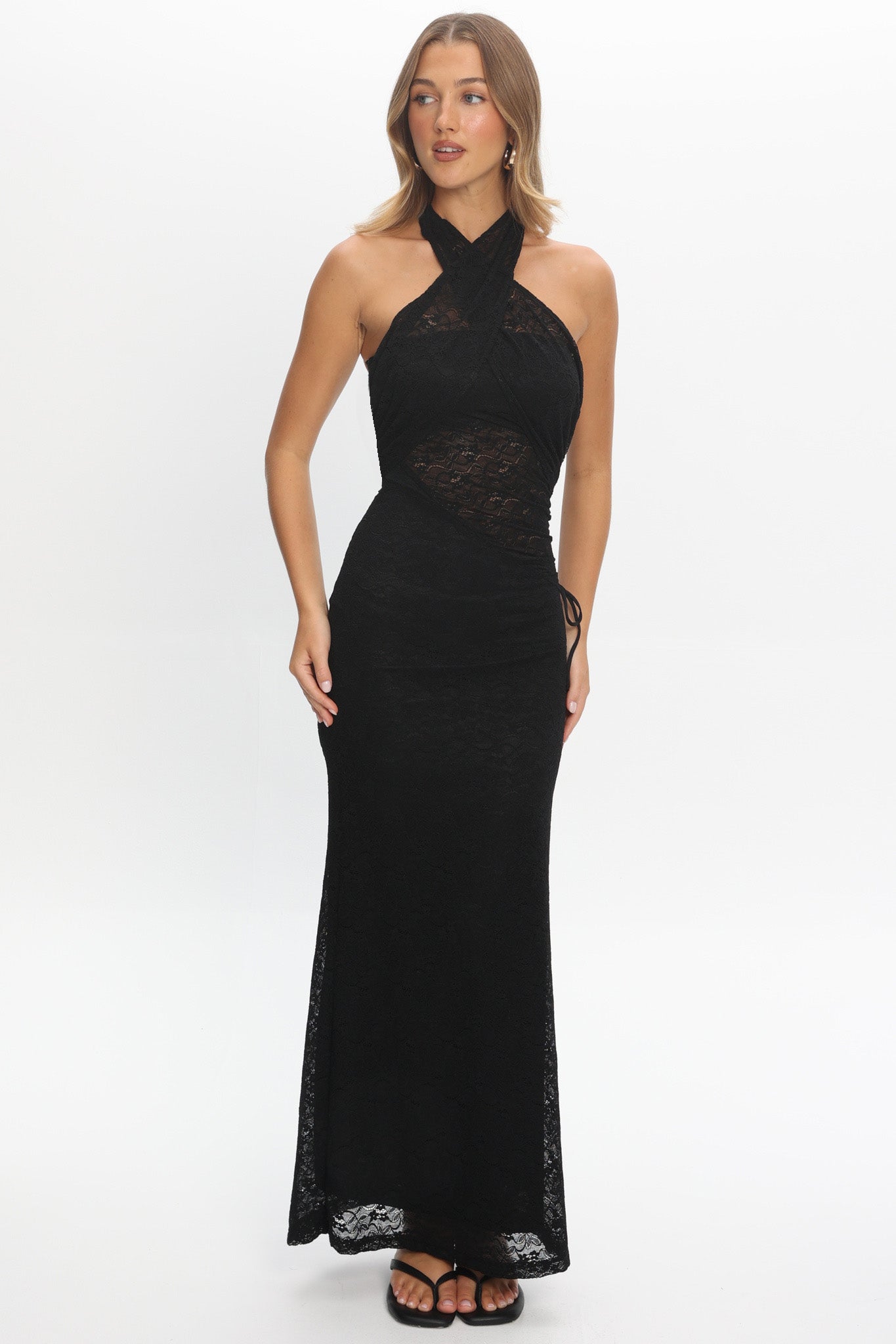 Karmella Cross-Front Lace Halter Maxi Dress Black