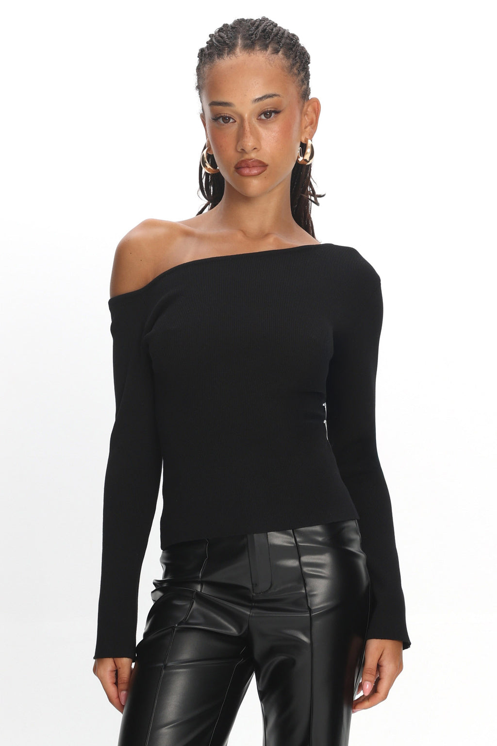 Toby Asymmetrical Off-Shoulder Knit Top Black
