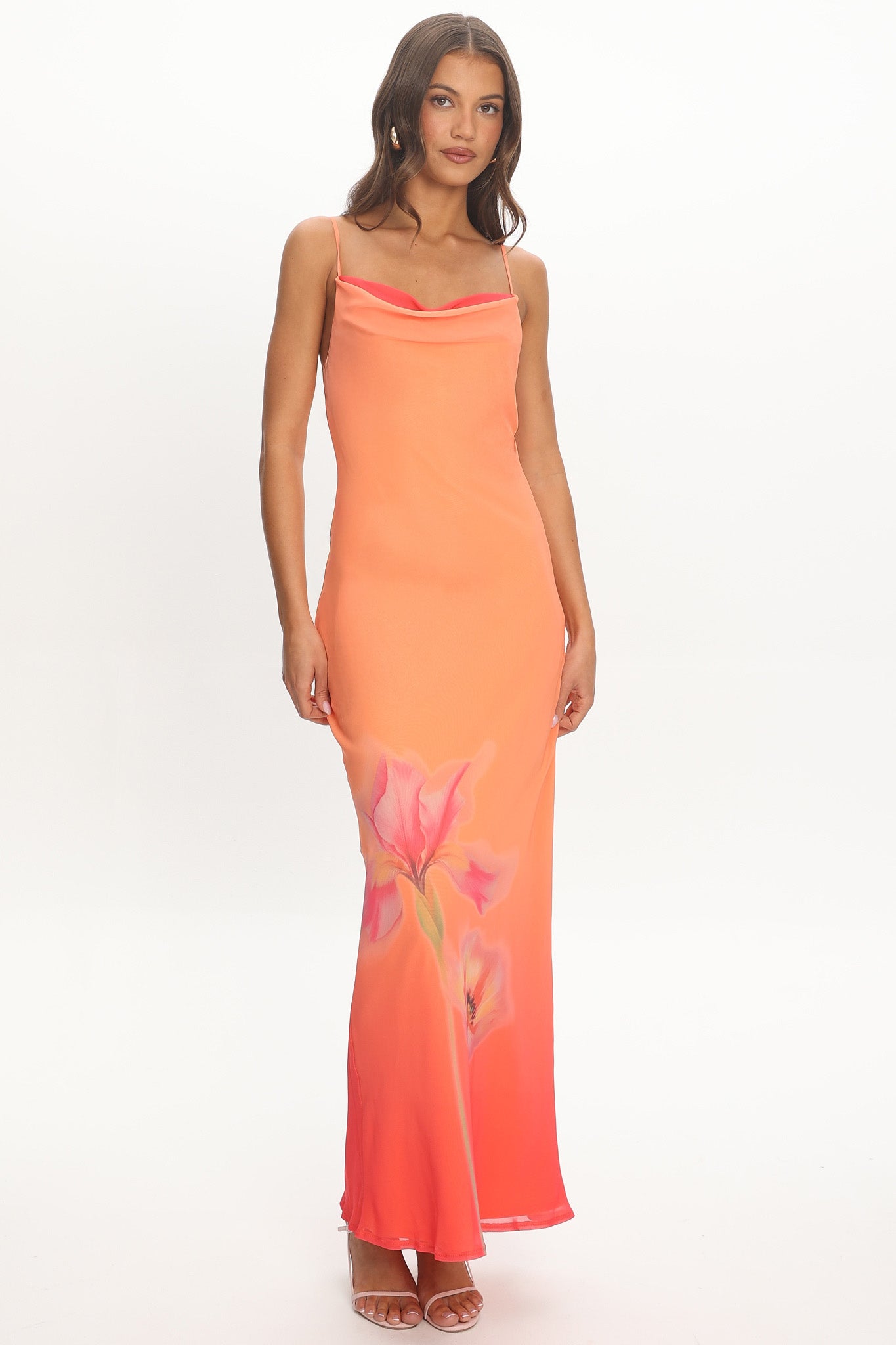 Sorbetto Cowl Neck Maxi Dress Flower Tangerine