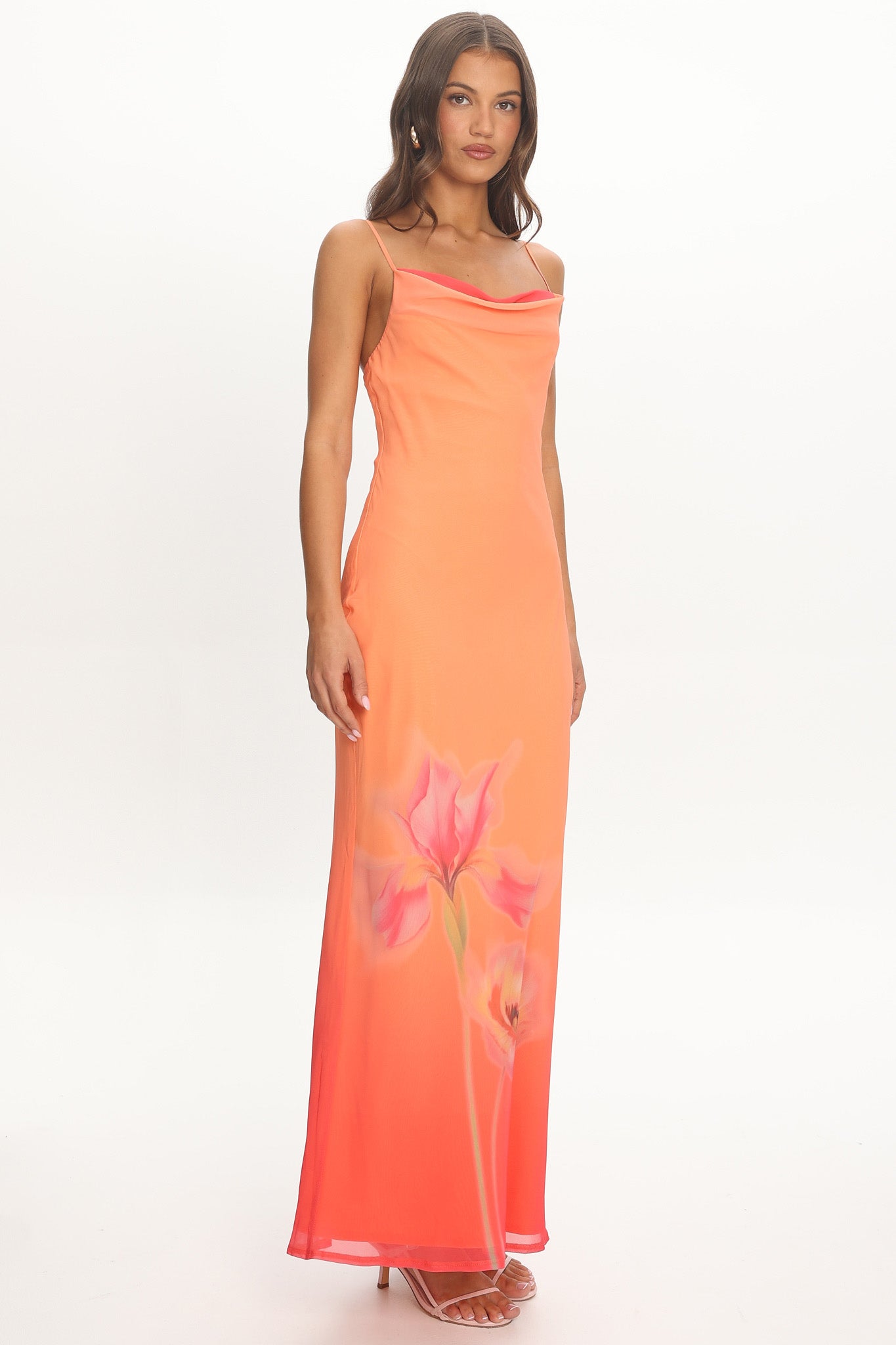 Sorbetto Cowl Neck Maxi Dress Flower Tangerine