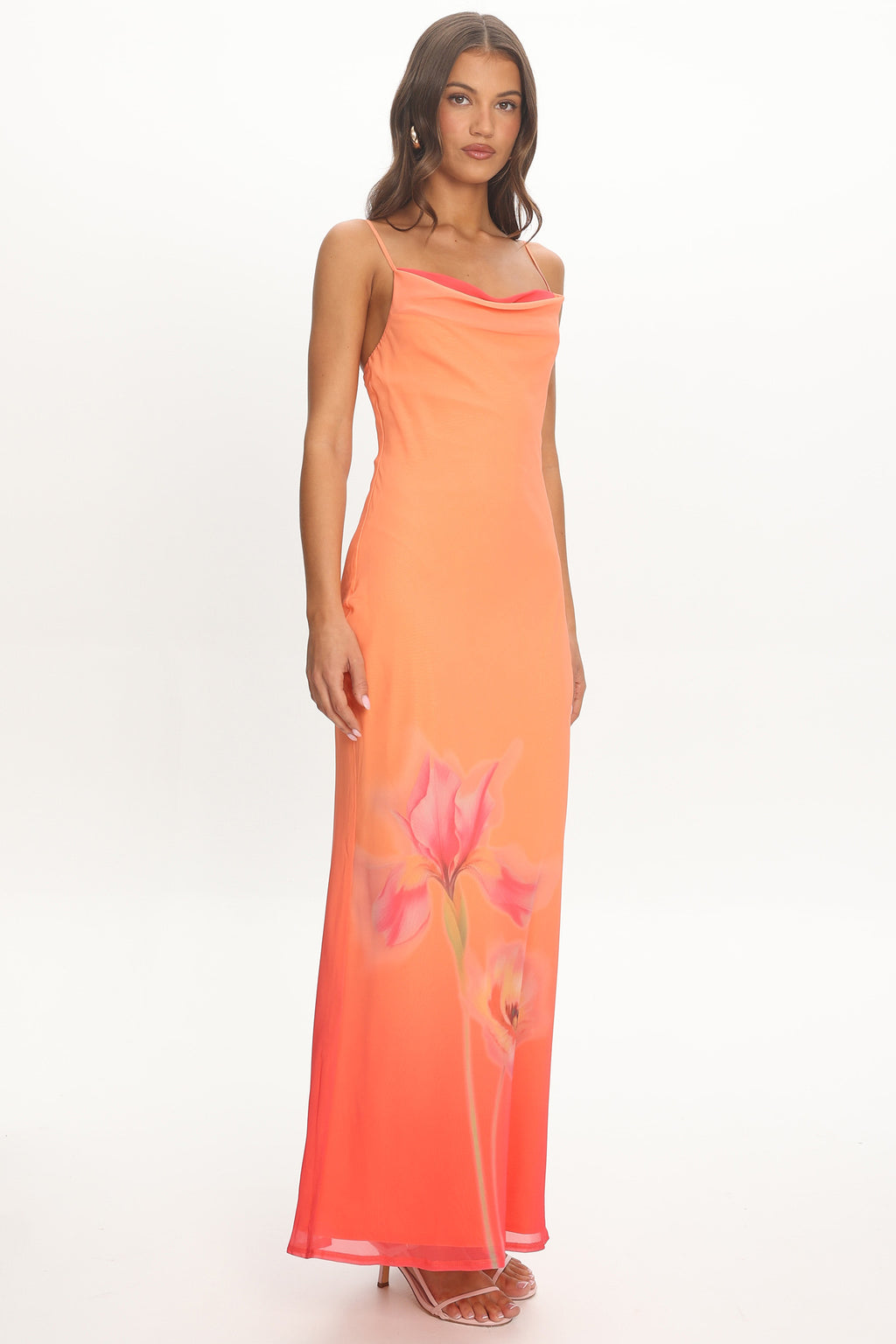 Sorbetto Cowl Neck Maxi Dress Flower Tangerine