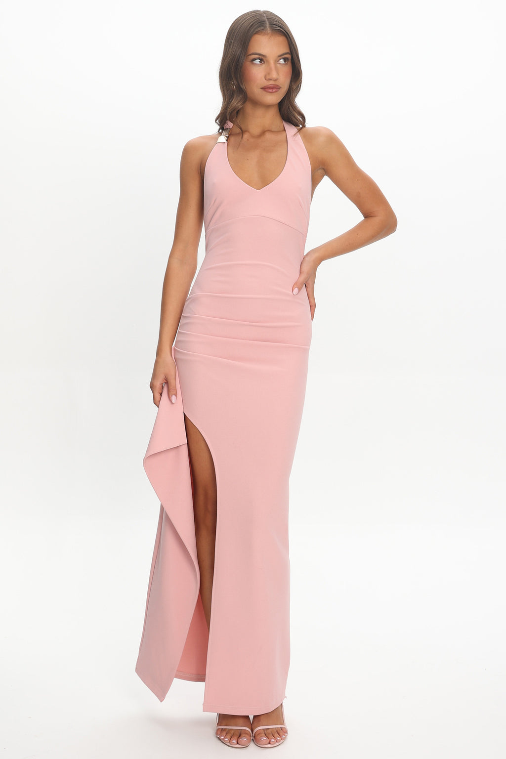 halter neck side split maxi dress Plunge Halterneck Trim Detail Side Split Maxi Dress In Teal | EGO US
