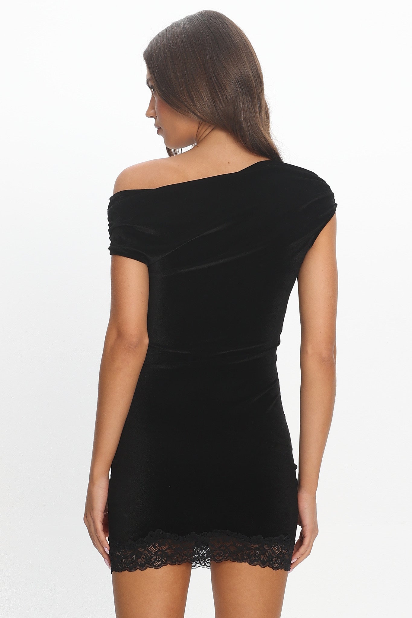 Night Life Asymmetrical Neckline Mini Dress Velvet Black
