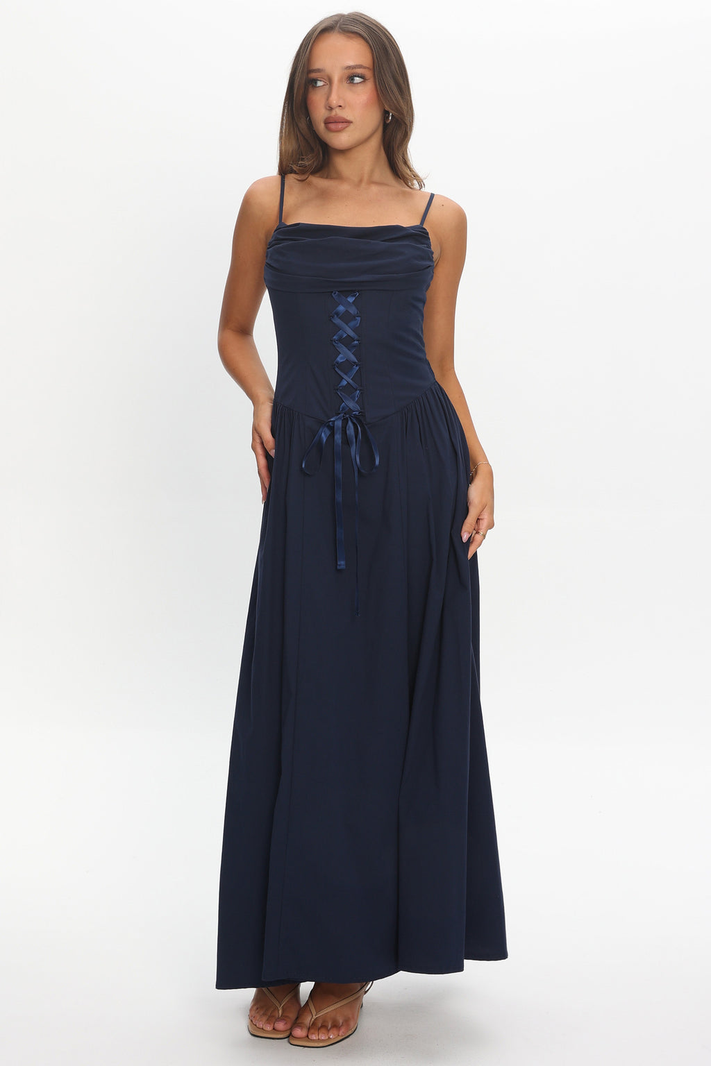 Waiting On Me Lace-Up Bodice Maxi Dress Navy