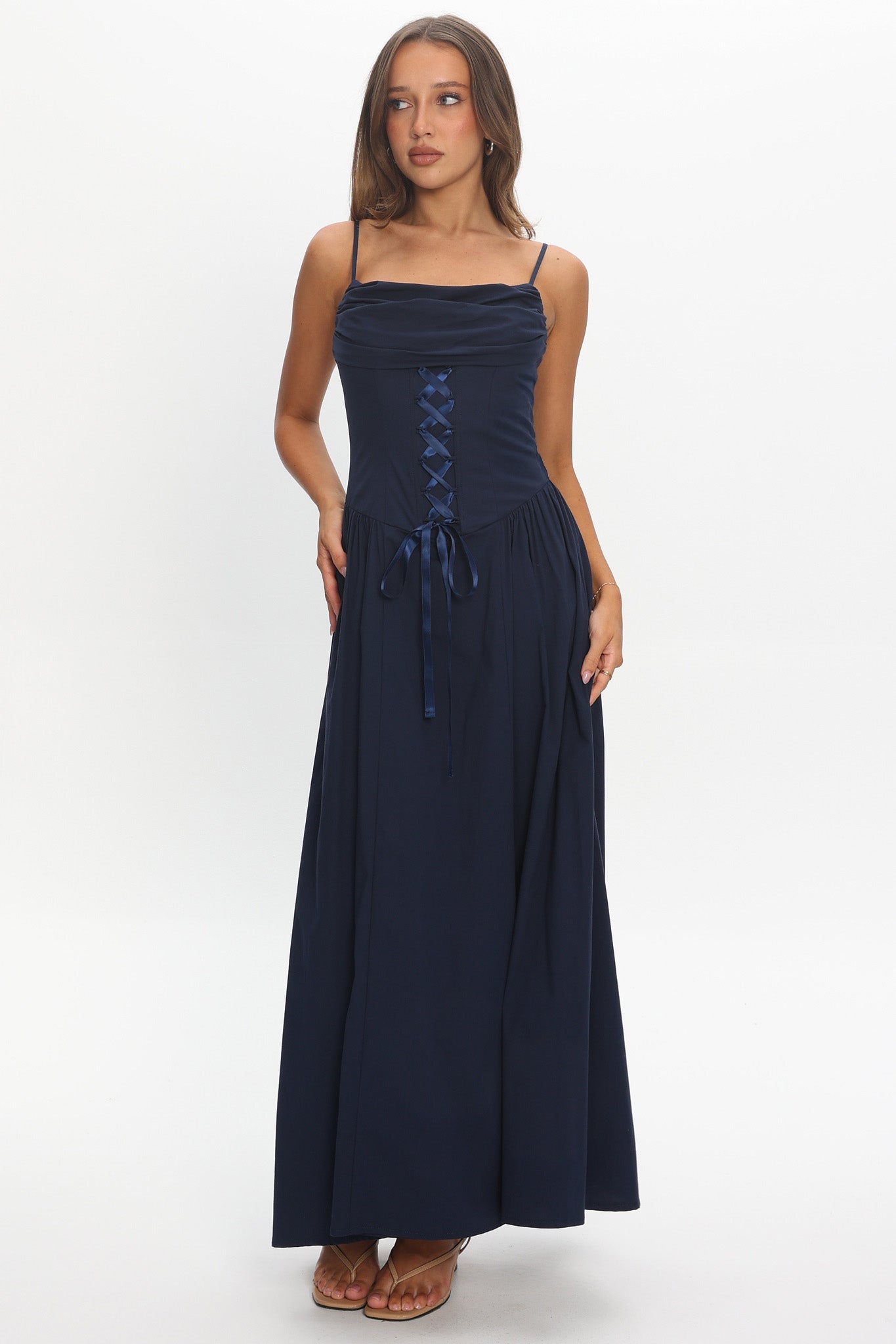 Waiting On Me Lace-Up Bodice Maxi Dress Navy