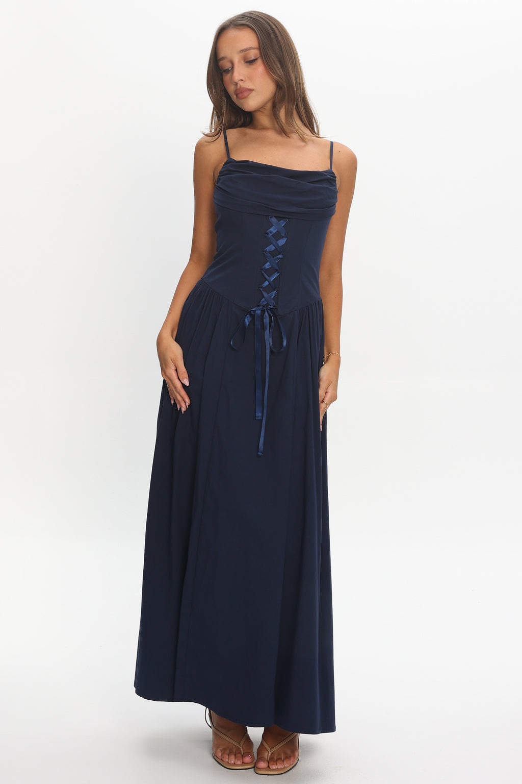 Waiting On Me Lace-Up Bodice Maxi Dress Navy